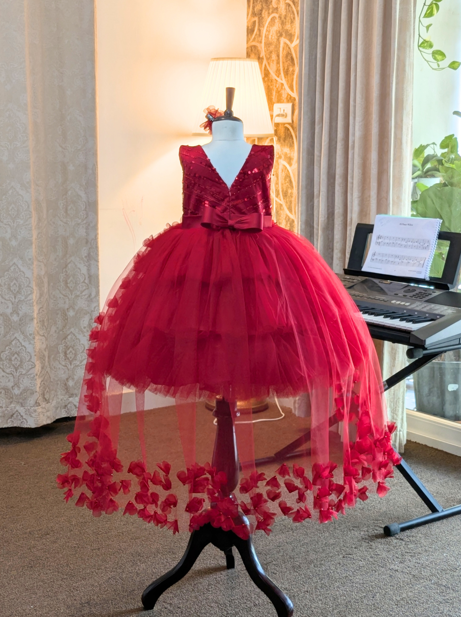Premium Couture Red Floral Appliqué Party Dress for Girls | Hand Made Statement Gown