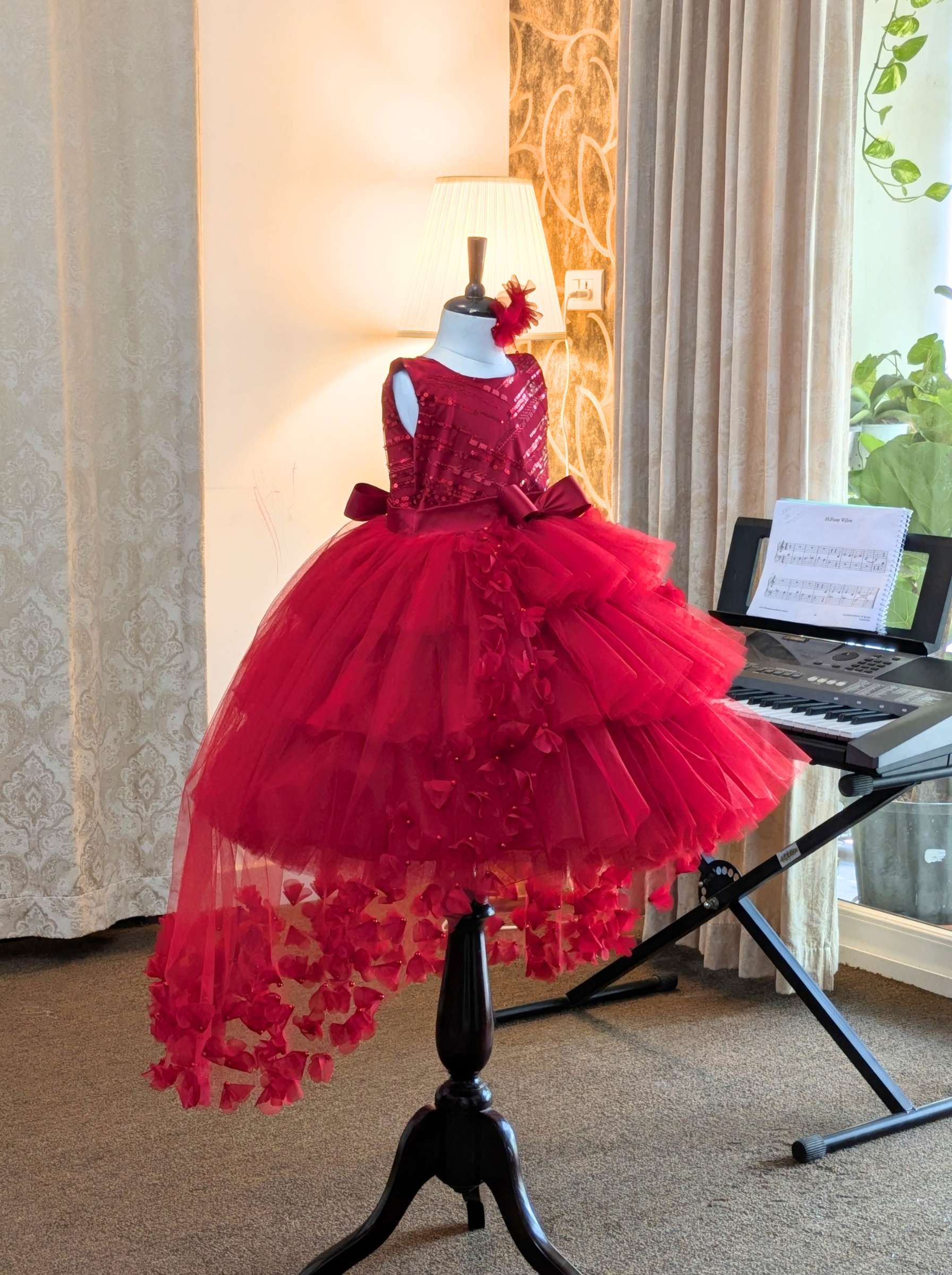 Premium Couture Red Floral Appliqué Party Dress for Girls | Hand Made Statement Gown
