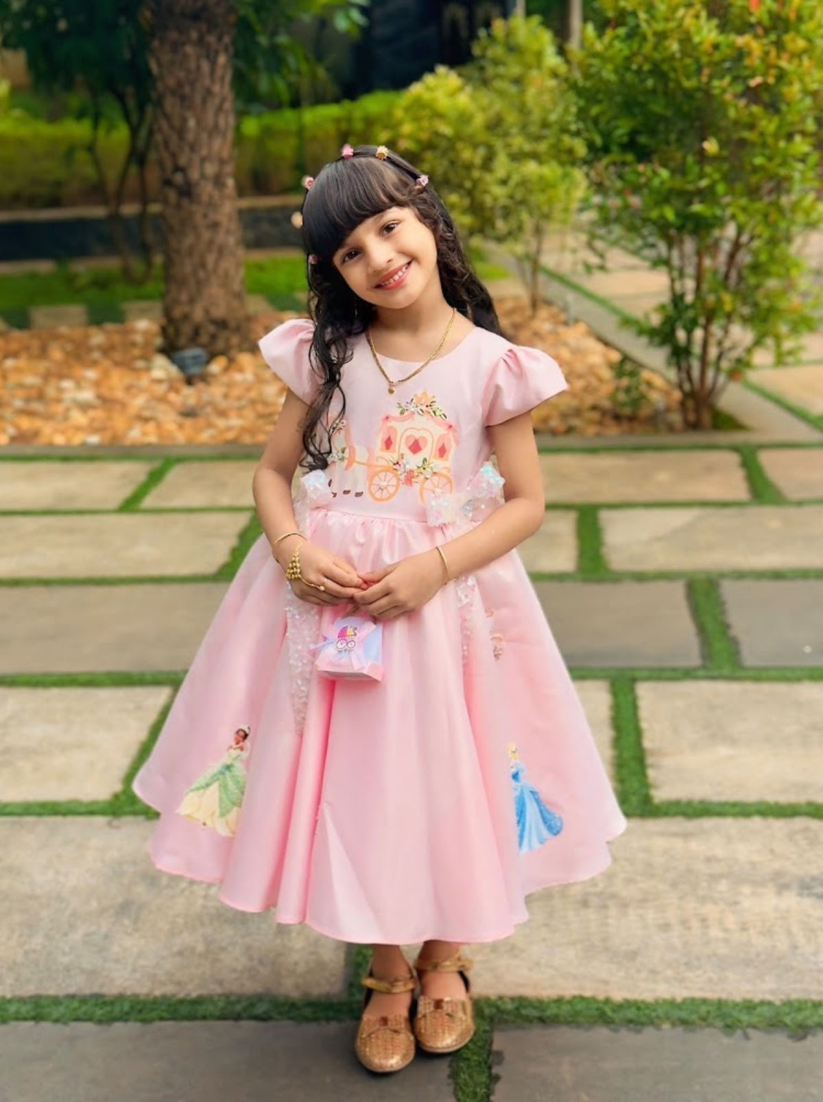 Pink fairytale princess birthday dress for girls with hand-appliquéd princesses