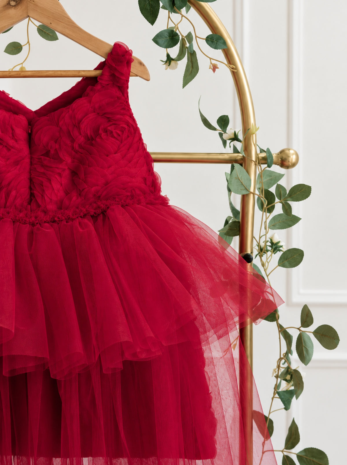 Red 3D Rosette Birthday Dress for Girls | Luxury Floral Tulle Party Dress