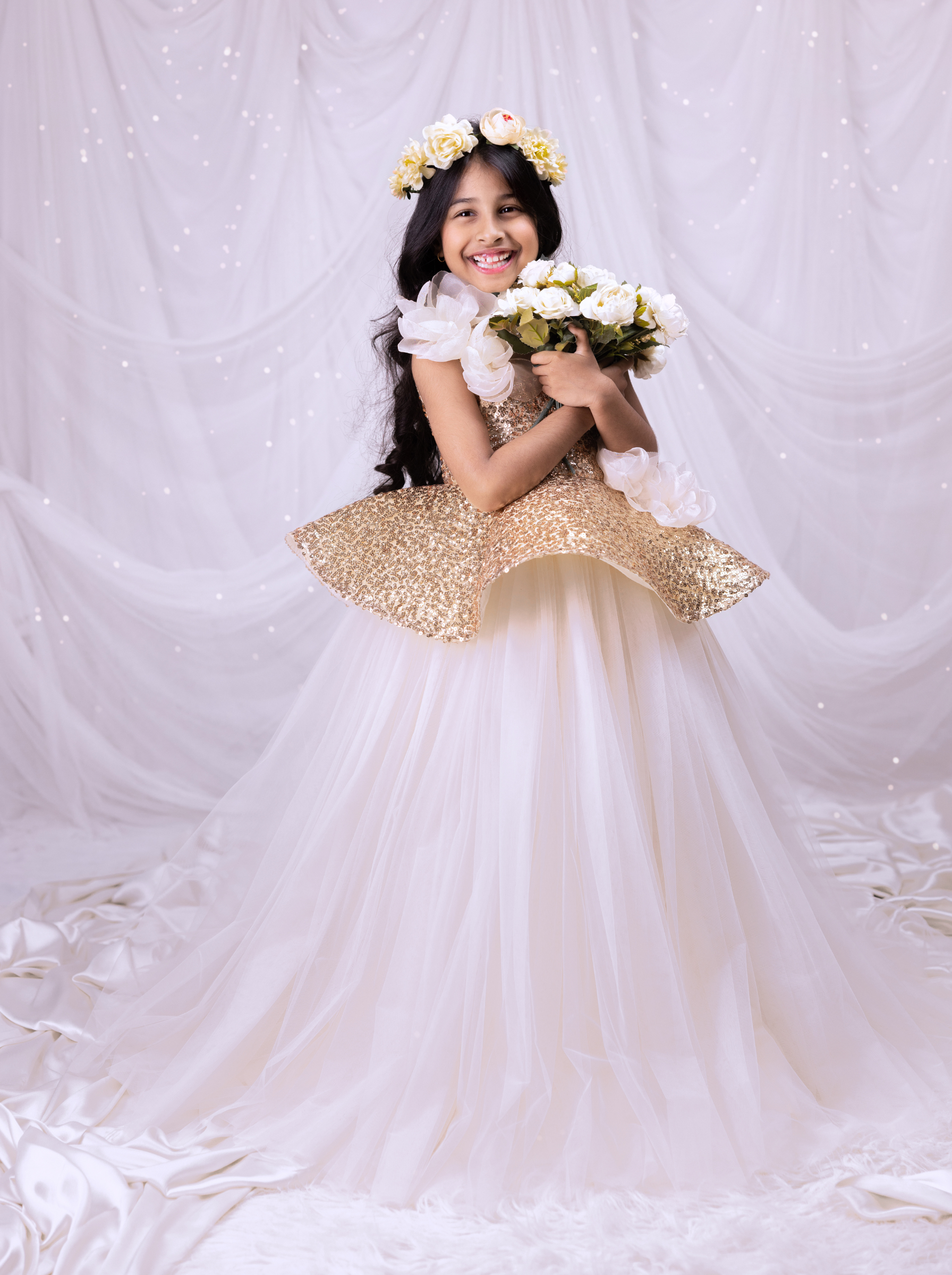 Gold Sequin Couture Gown with Handmade Floral Appliqué | Luxury Flower Girl & Birthday Gown | Designer Party Gown