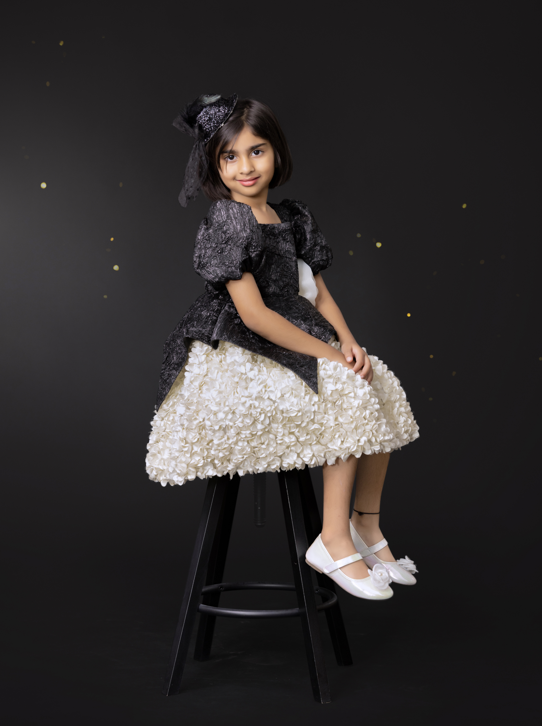 Black & Ivory Dress with Puff Sleeves | Luxury Party Dress for Girls | Formal Birthday & Wedding Dress