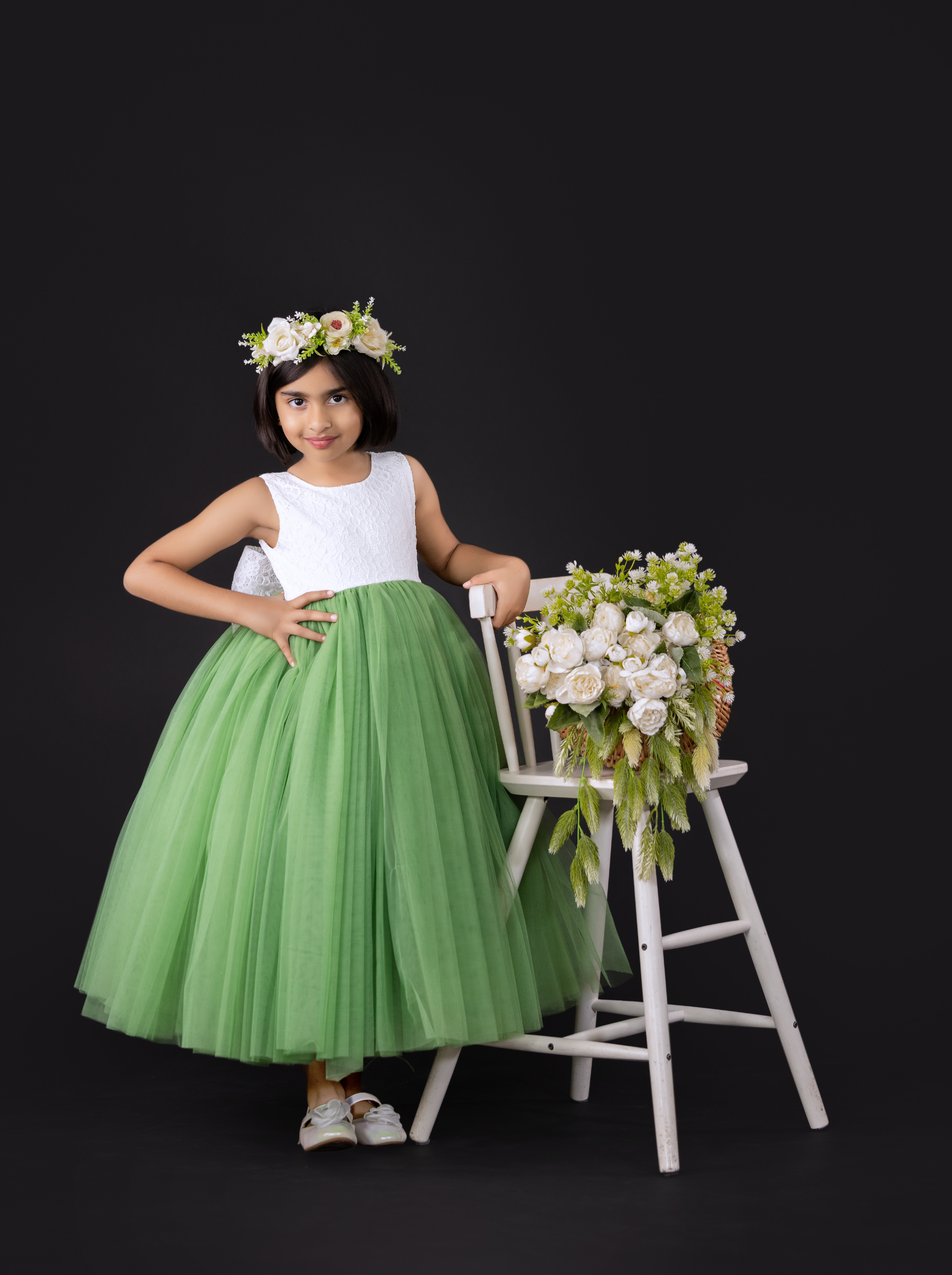 Green Tulle Flower Girl Dress with White Lace Bodice & Bow Back | Luxu Green Tulle Flower Girl Dress with White Lace Bodice & Bow Back | Luxu
