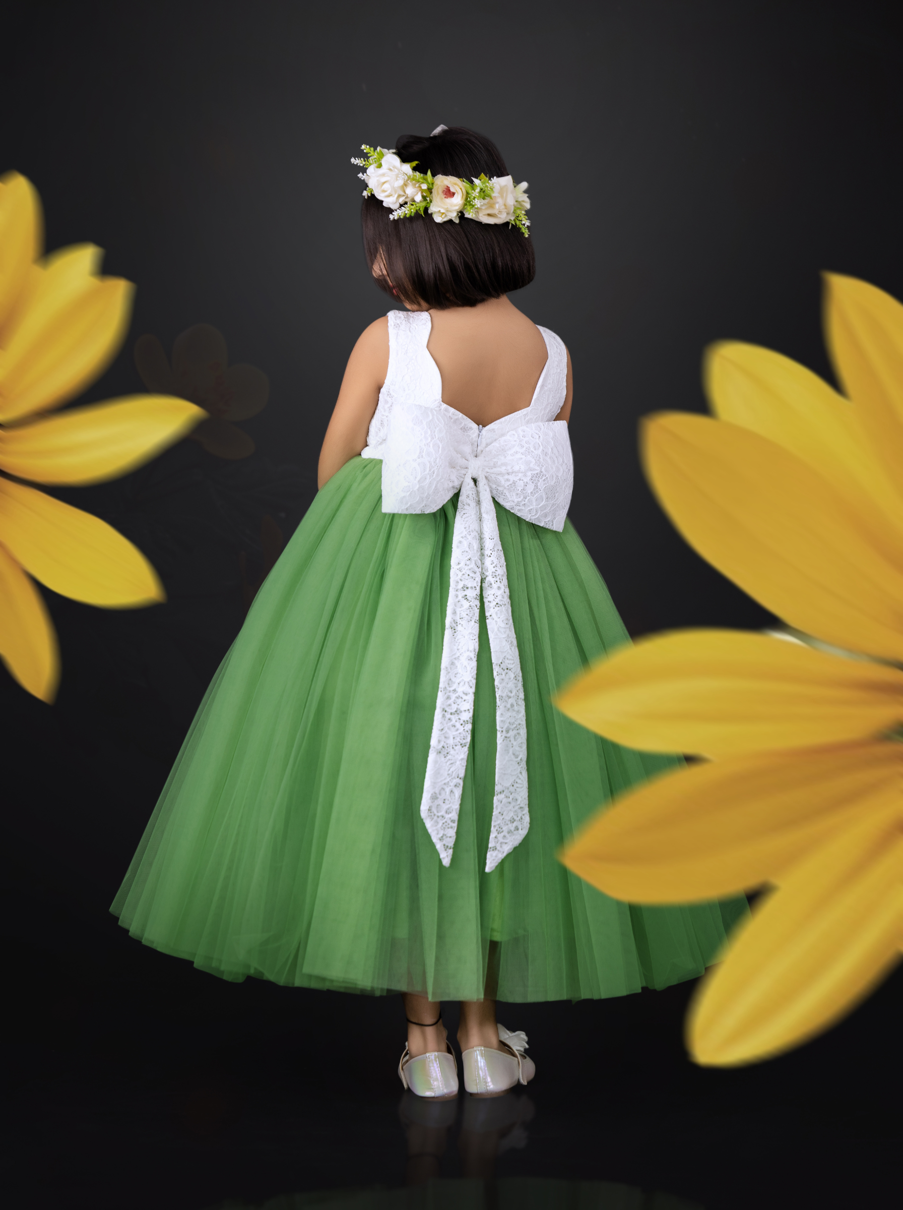Green Tulle Flower Girl Dress with White Lace Bodice & Bow Back