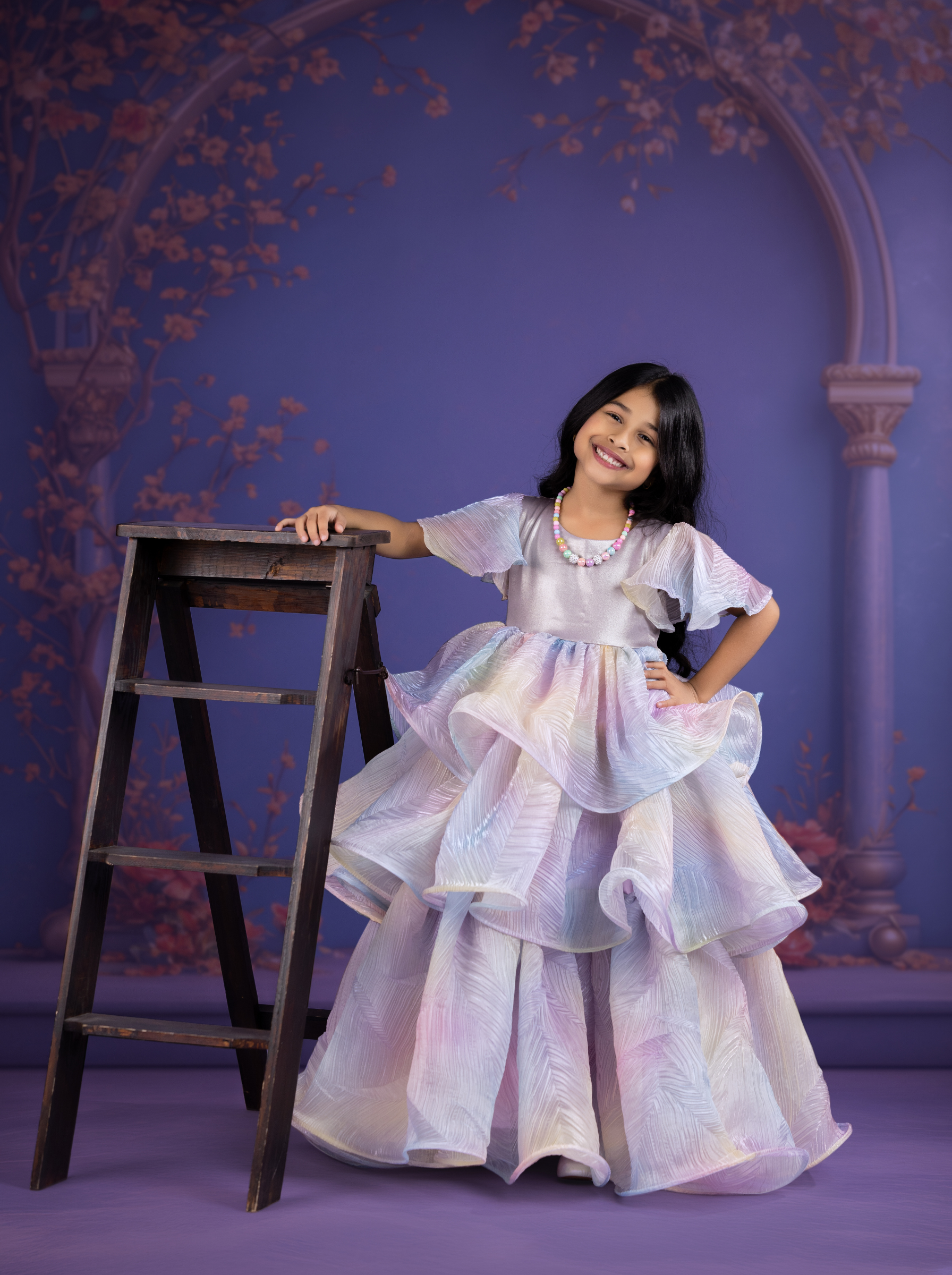 Pastel Rainbow Ruffle Gown for Girls | Luxury Layered Party Gown | Birthday Girl Dress