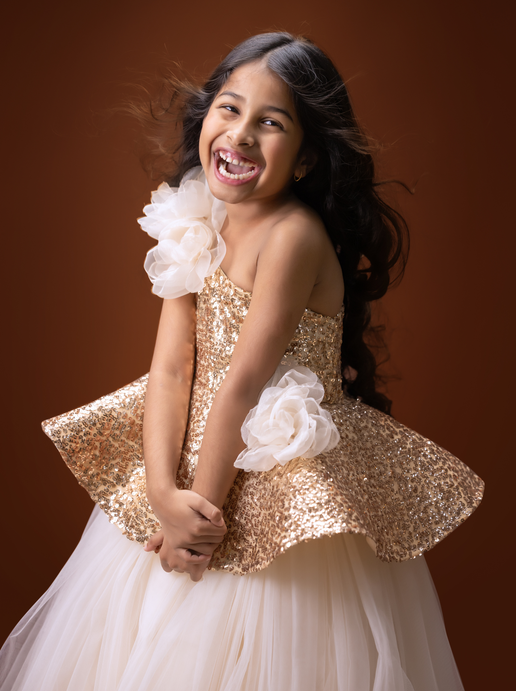 Gold Sequin Couture Gown with Handmade Floral Appliqué