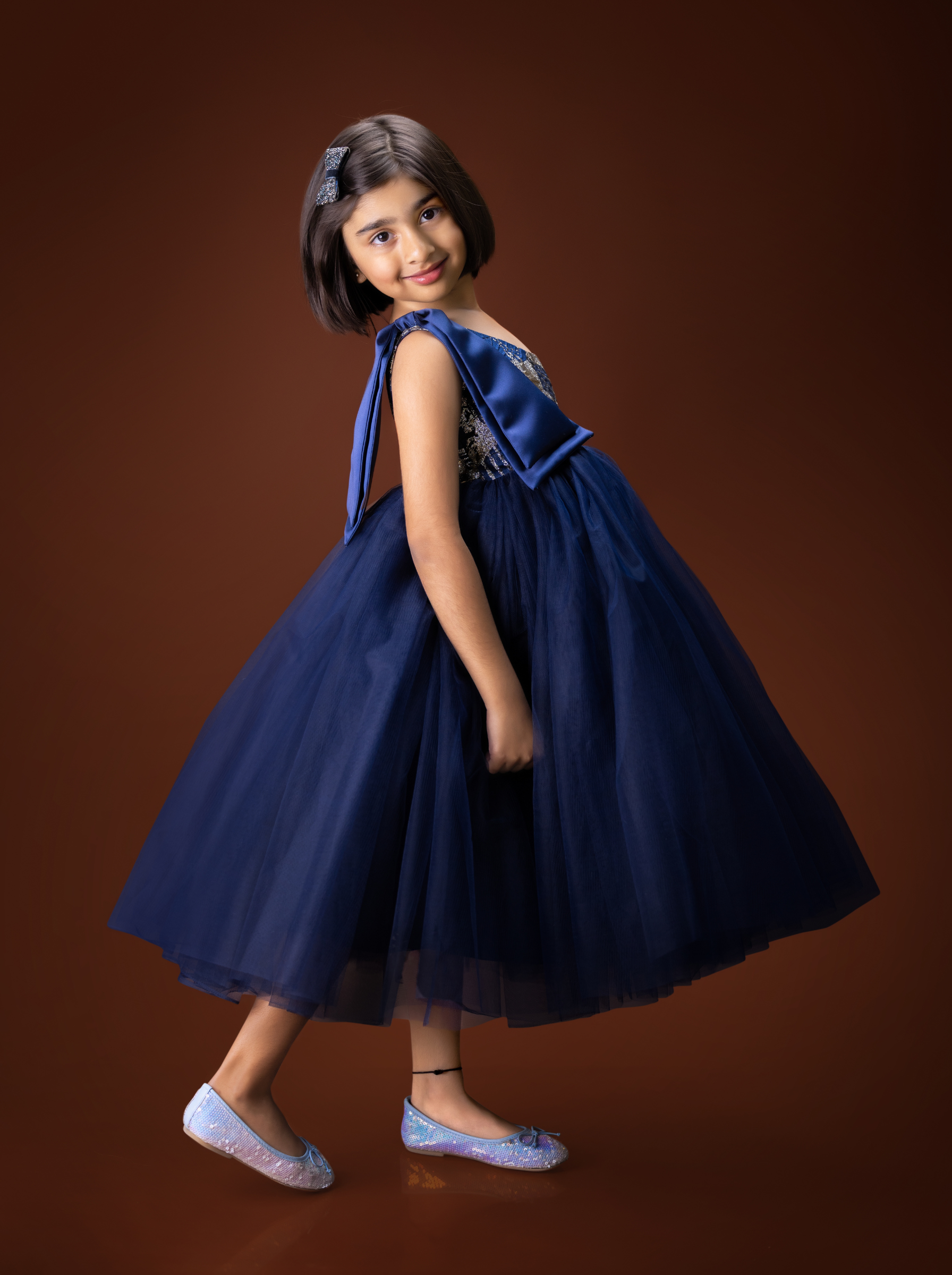 Navy Blue Couture Gown for Girls | One Shoulder Luxury Party Gown | Designer Birthday & Flower Girl Dress