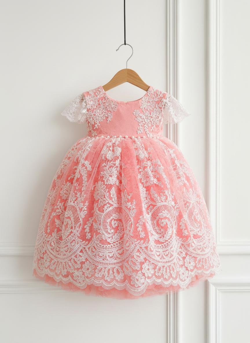 Coral Pink Lace Bow Princess Dress for Girls