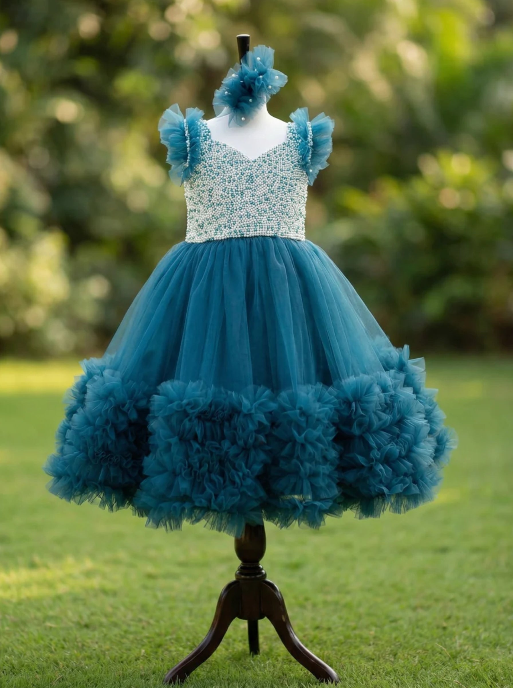 Teal Pearl Embellished Party Dress for Girls | Layered Tulle Skirt with Ruffled Hem & Bow Back | Lauren Ann Couture