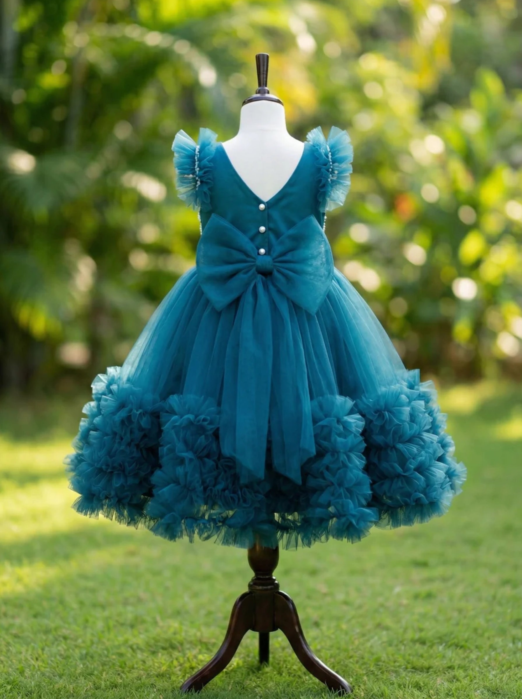 Teal Pearl Embellished Party Dress for Girls | Layered Tulle Skirt with Ruffled Hem & Bow Back | Lauren Ann Couture