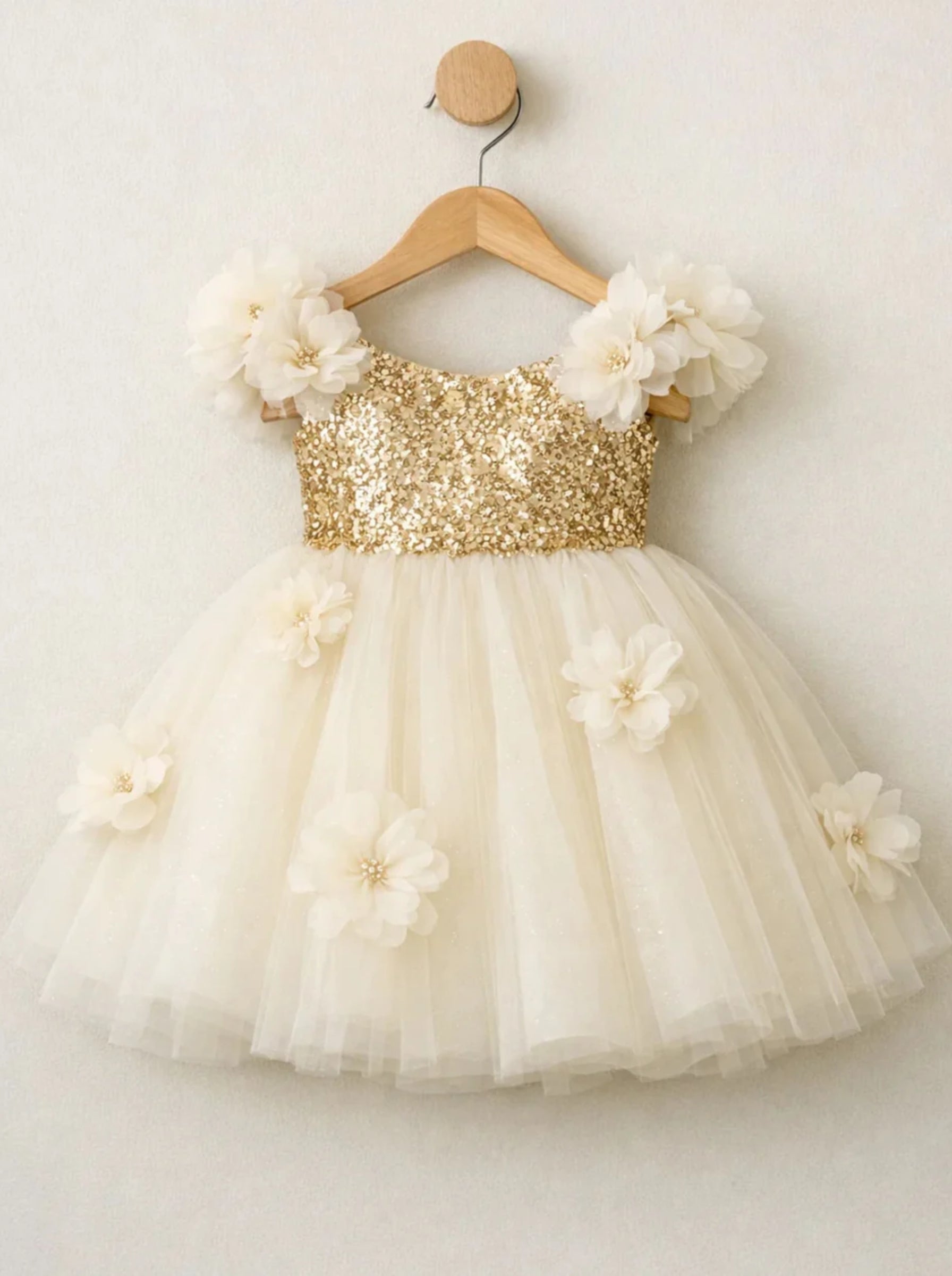 Gold Sequin & Cream Tulle Flower Girl Dress with Handmade Floral Appliqué | Birthday Party Dress | Luxury Special Occasion Dress for Girls