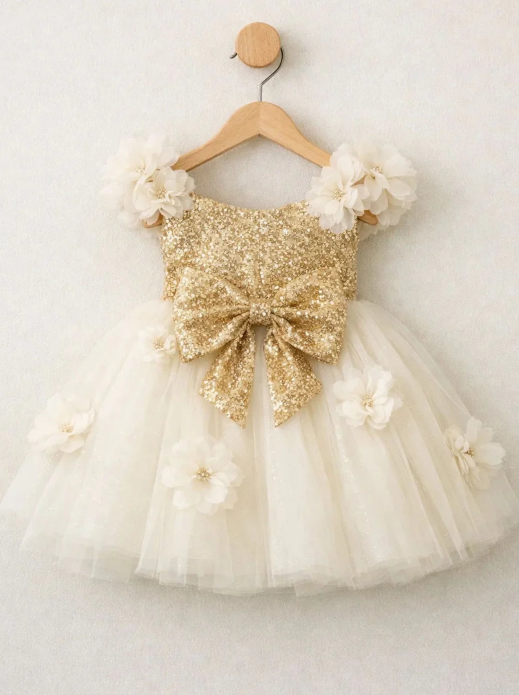 Gold Sequin & Cream Tulle Flower Girl Dress with Handmade Floral Appliqué | Birthday Party Dress | Luxury Special Occasion Dress for Girls