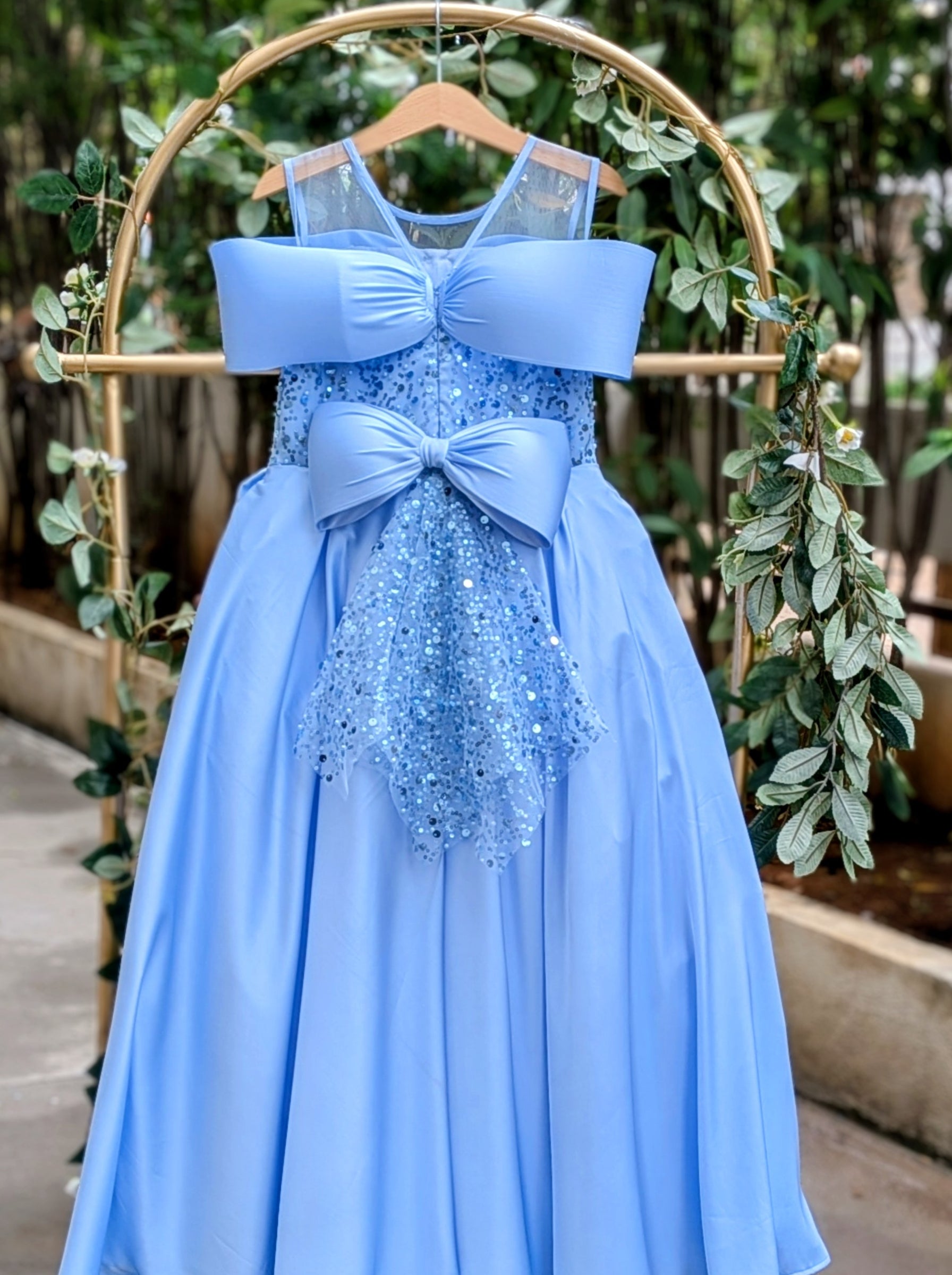 Light Blue Princess Dress with Sequin Bow & Satin Drape | Luxury Party & Birthday Dress for Girls