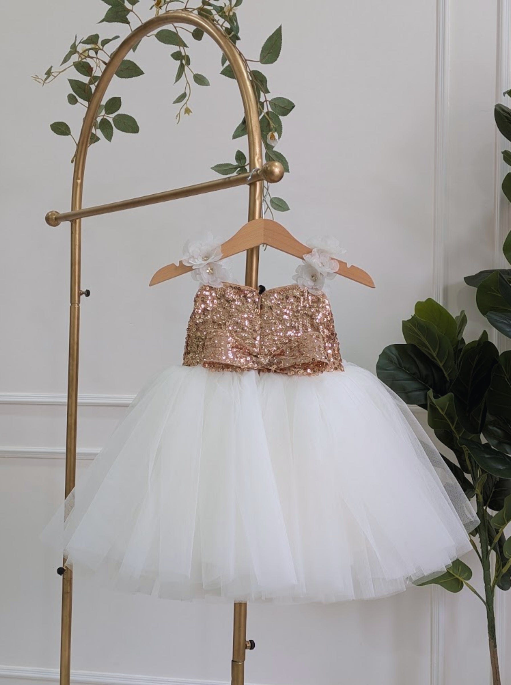 Gold Sequin & Cream Tulle Flower Girl Dress | Luxury Birthday & Wedding Party Wear for Girls India