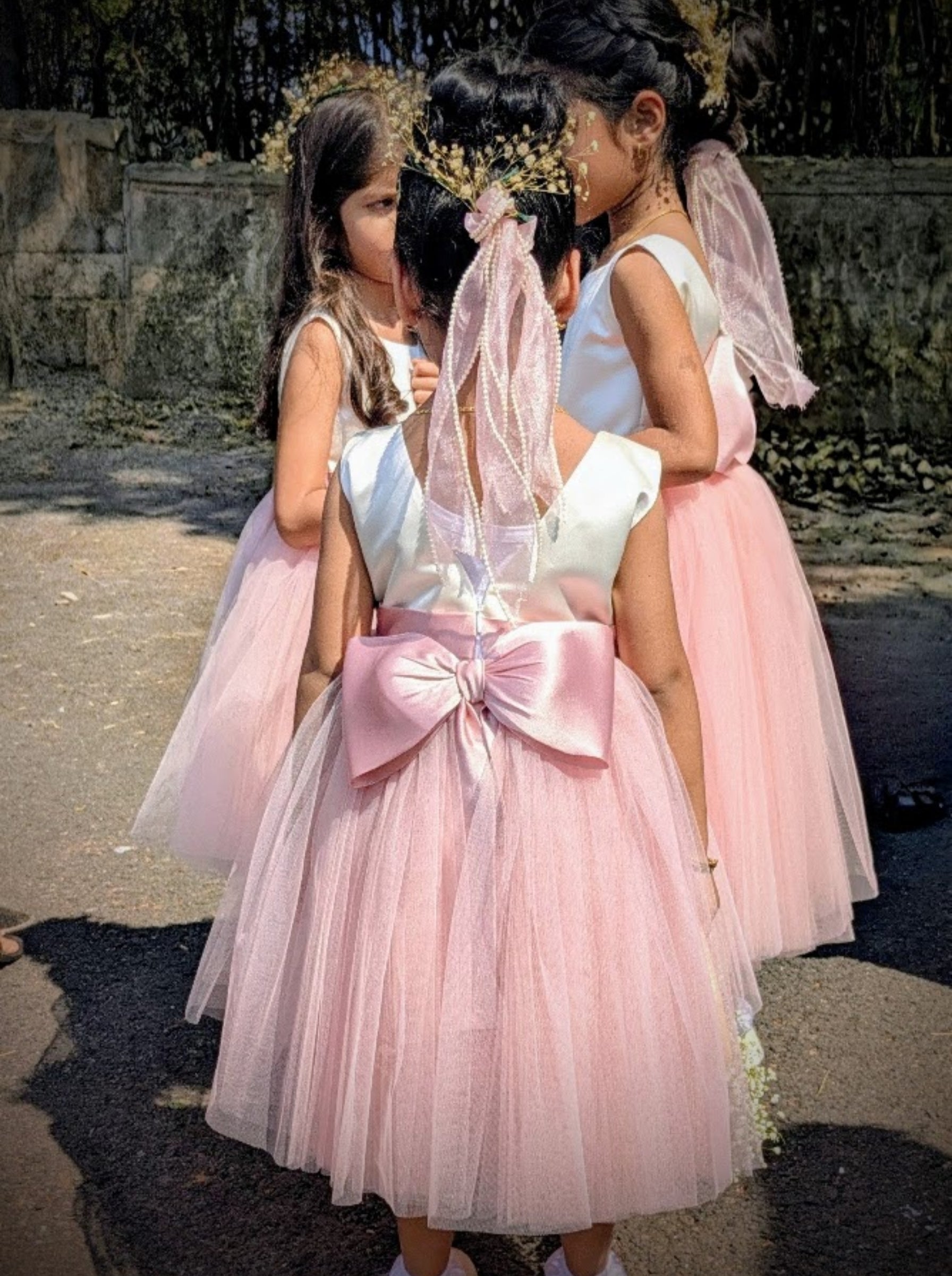 Ivory & Blush Pink Flower Girl Dress for Girls | Duchess Satin Bodice with Soft Tulle Skirt | Wedding Dress