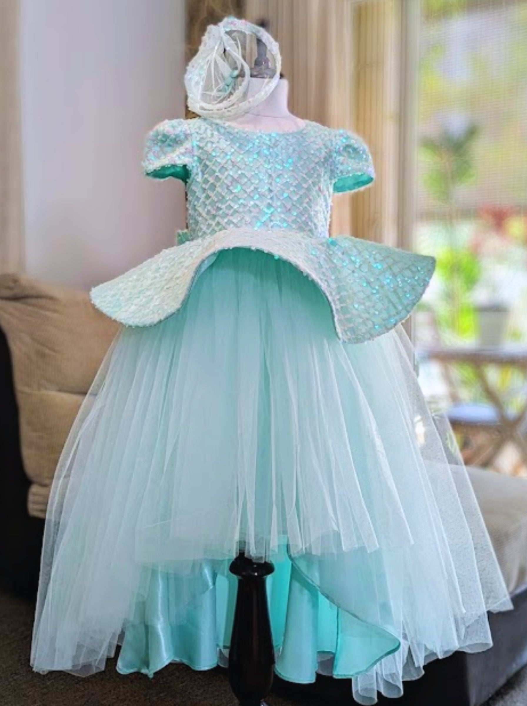 Mint Sequin Peplum Party Dress for Girls | Structured Sequin Bodice & Layered Tulle Skirt | Lauren Ann Couture