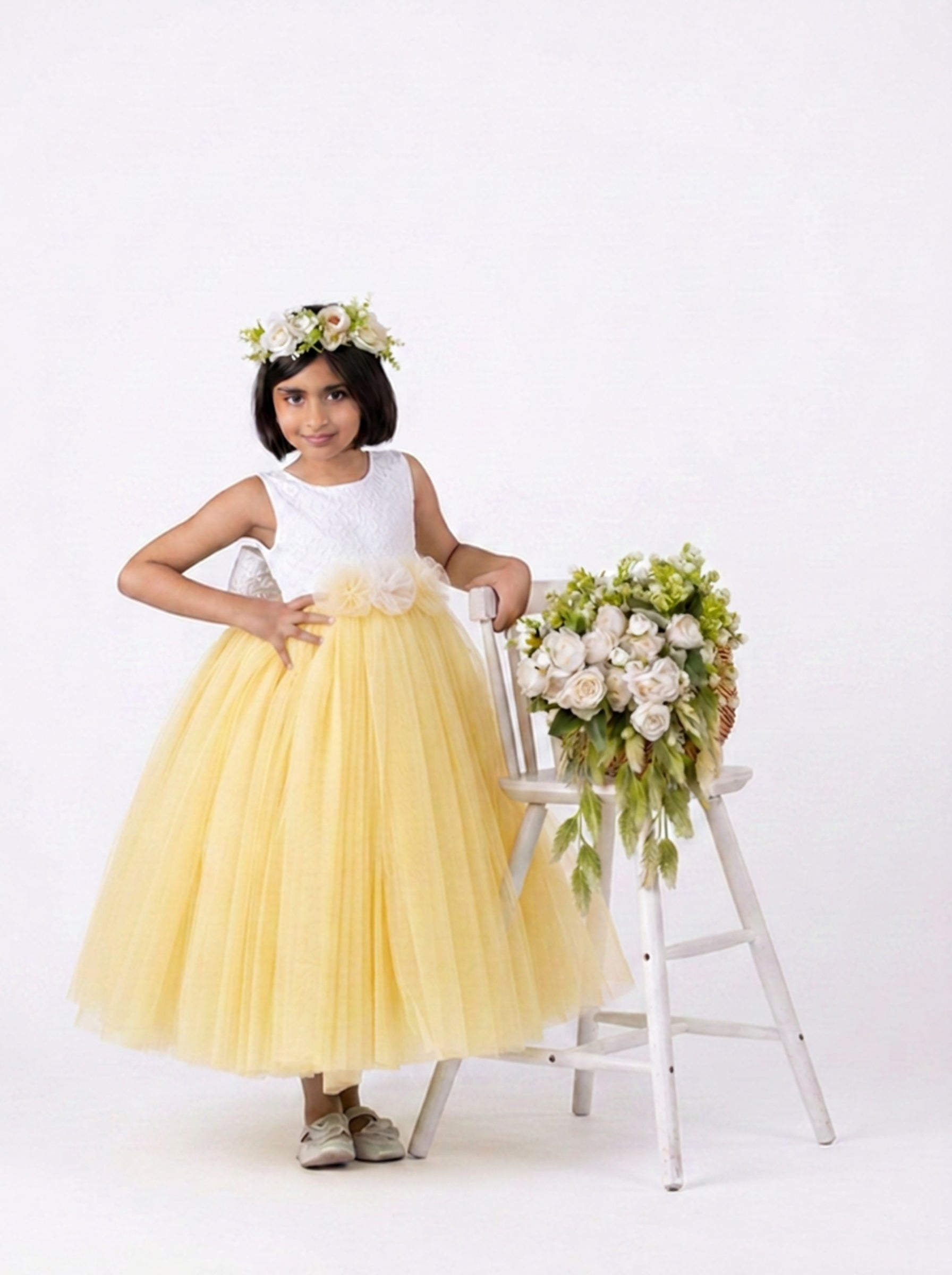 Buttercup Bloom Flower Girl & Birthday Dress for Girls – White Lace Bodice with Soft Yellow Tulle Gown