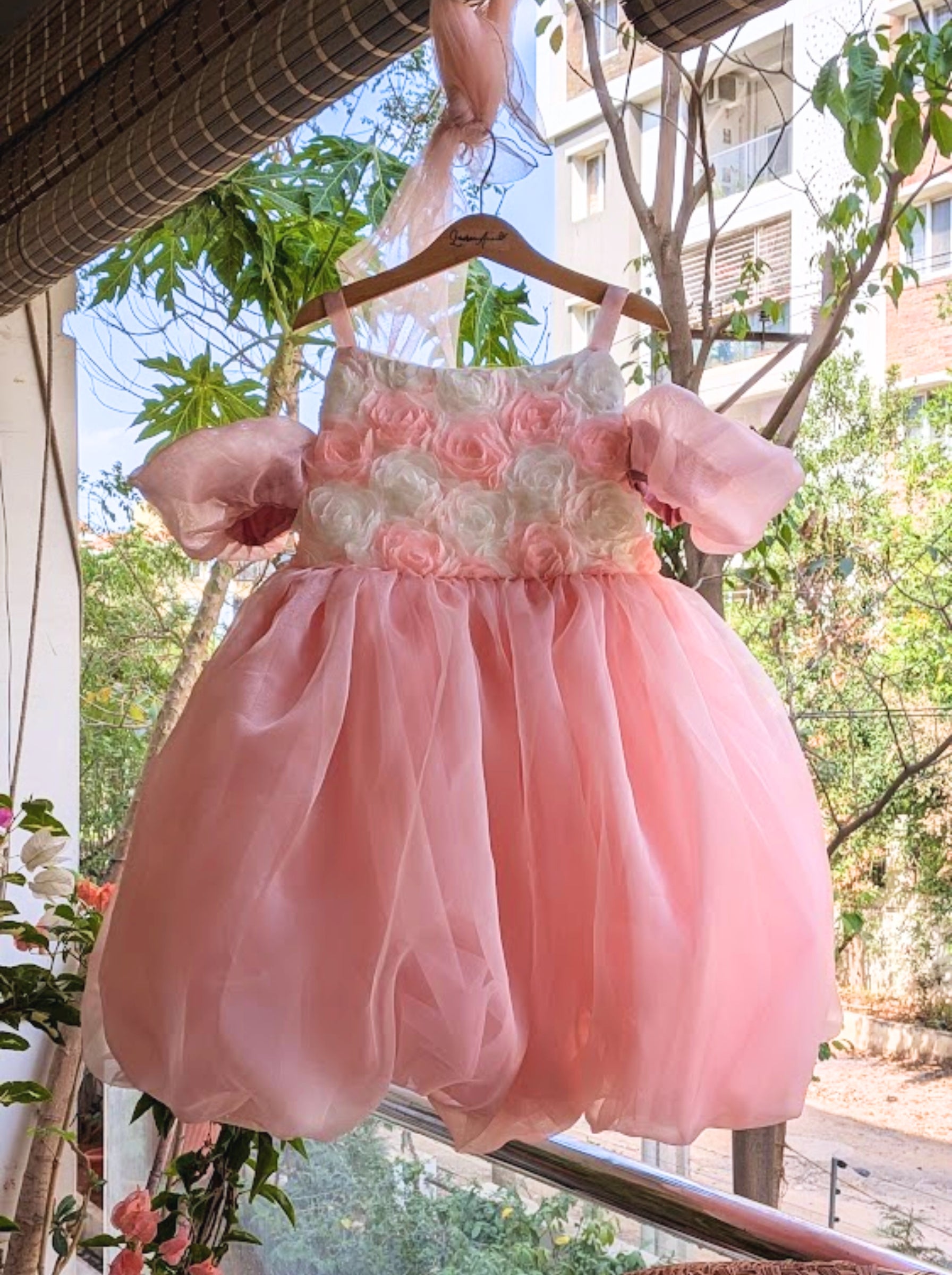 Rosette Blush Pink Cold Shoulder Balloon Dress