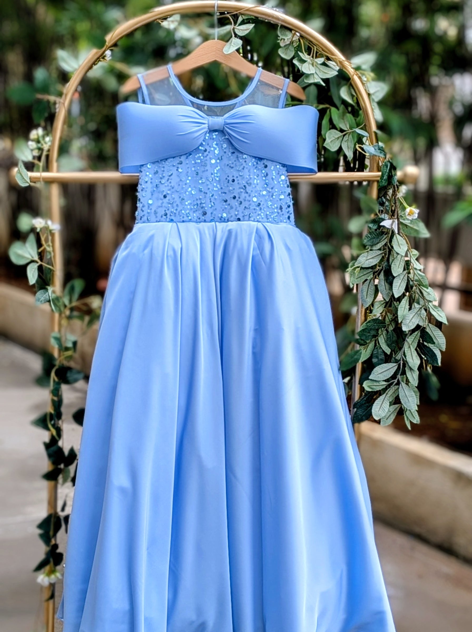 Light Blue Princess Dress with Sequin Bow & Satin Drape | Luxury Party & Birthday Dress for Girls