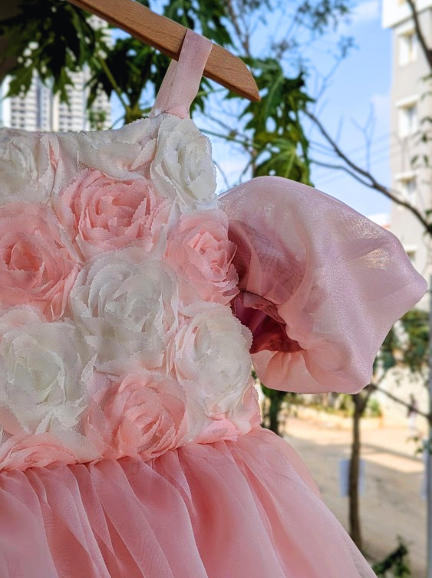 Rosette Blush Pink Cold Shoulder Balloon Dress