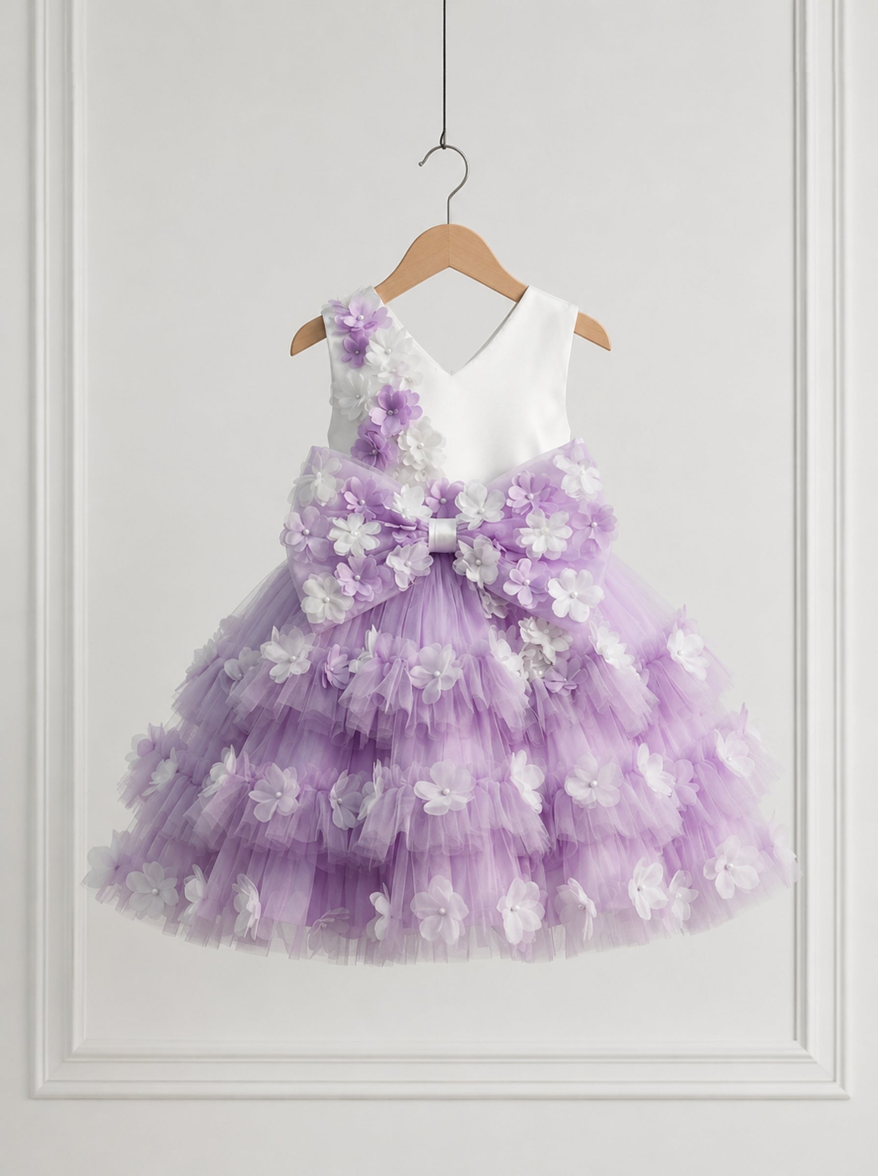 Lavender Flower Appliqué Dress for Girls – Satin Bodice with Bow | Birthday, Wedding & Party Gown