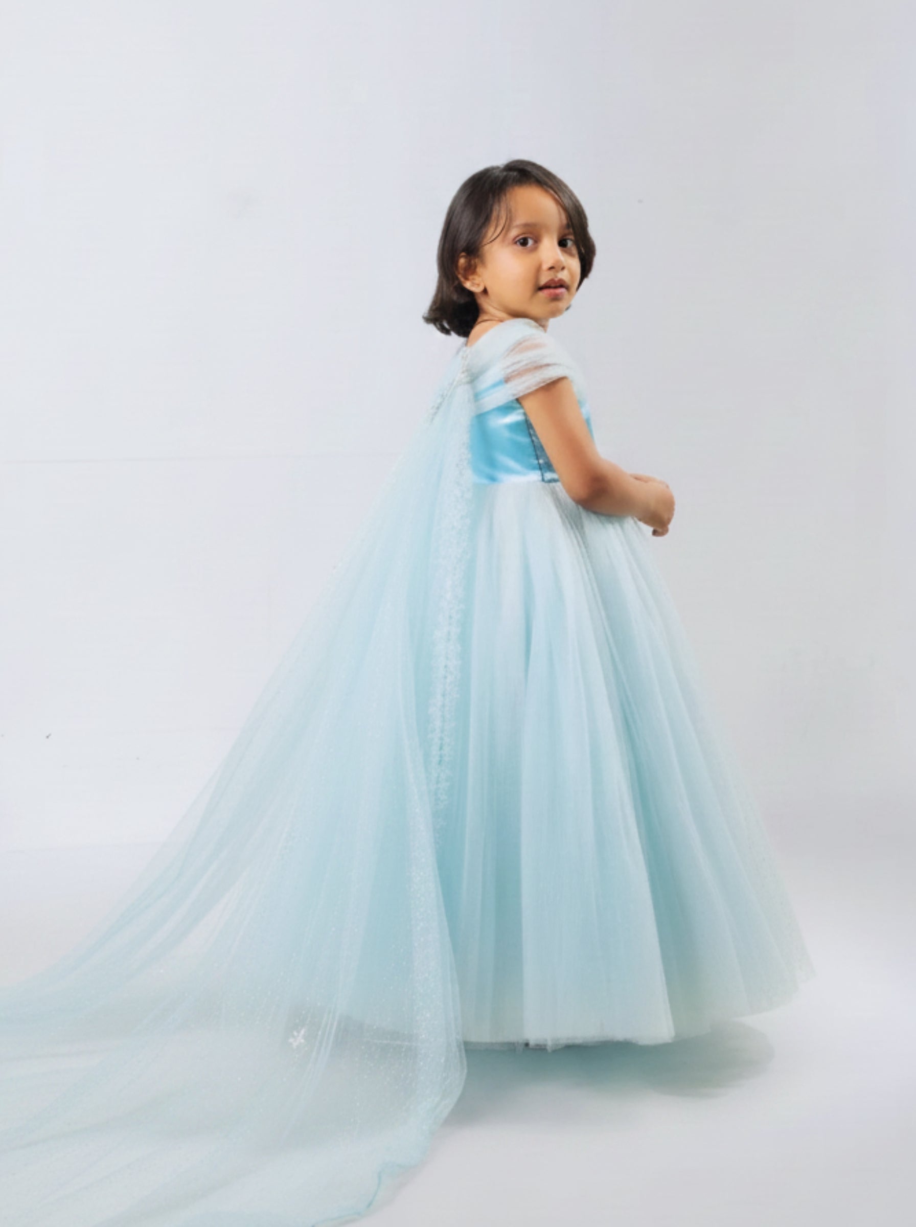 Elsa Inspired Ice Blue Satin & Tulle Gown with Detachable Cape | Princess Occasion Gown for Girls