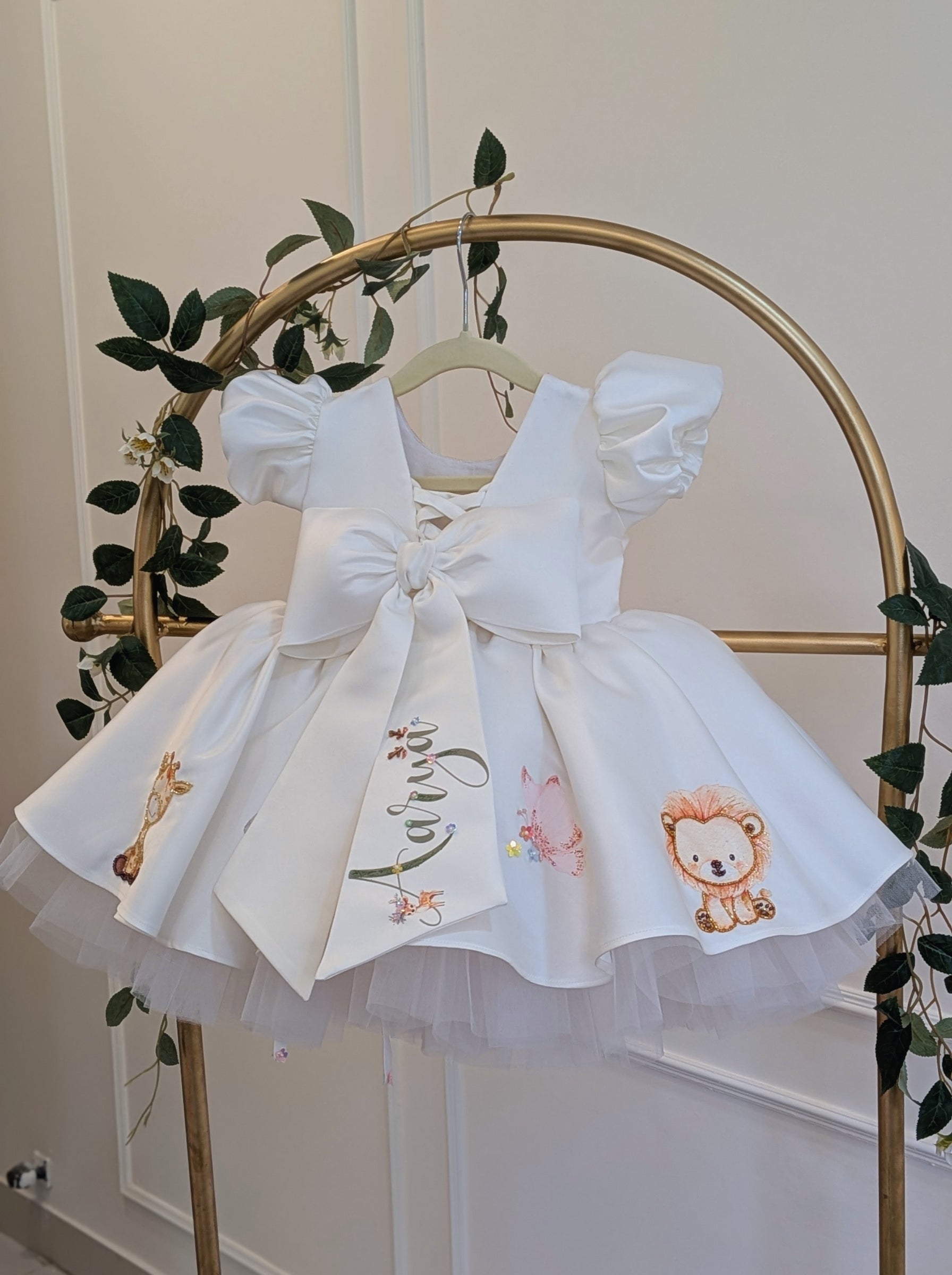 Customizable Duchess Satin Animal Theme Birthday Dress | Hand‑Embellished Zootopia Inspired Party Wear for Girls