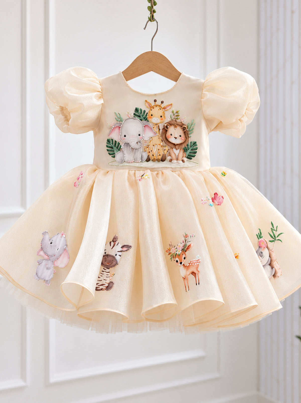 Animal theme Duchess Satin birthday dress for girls with hand-finished animal appliqués