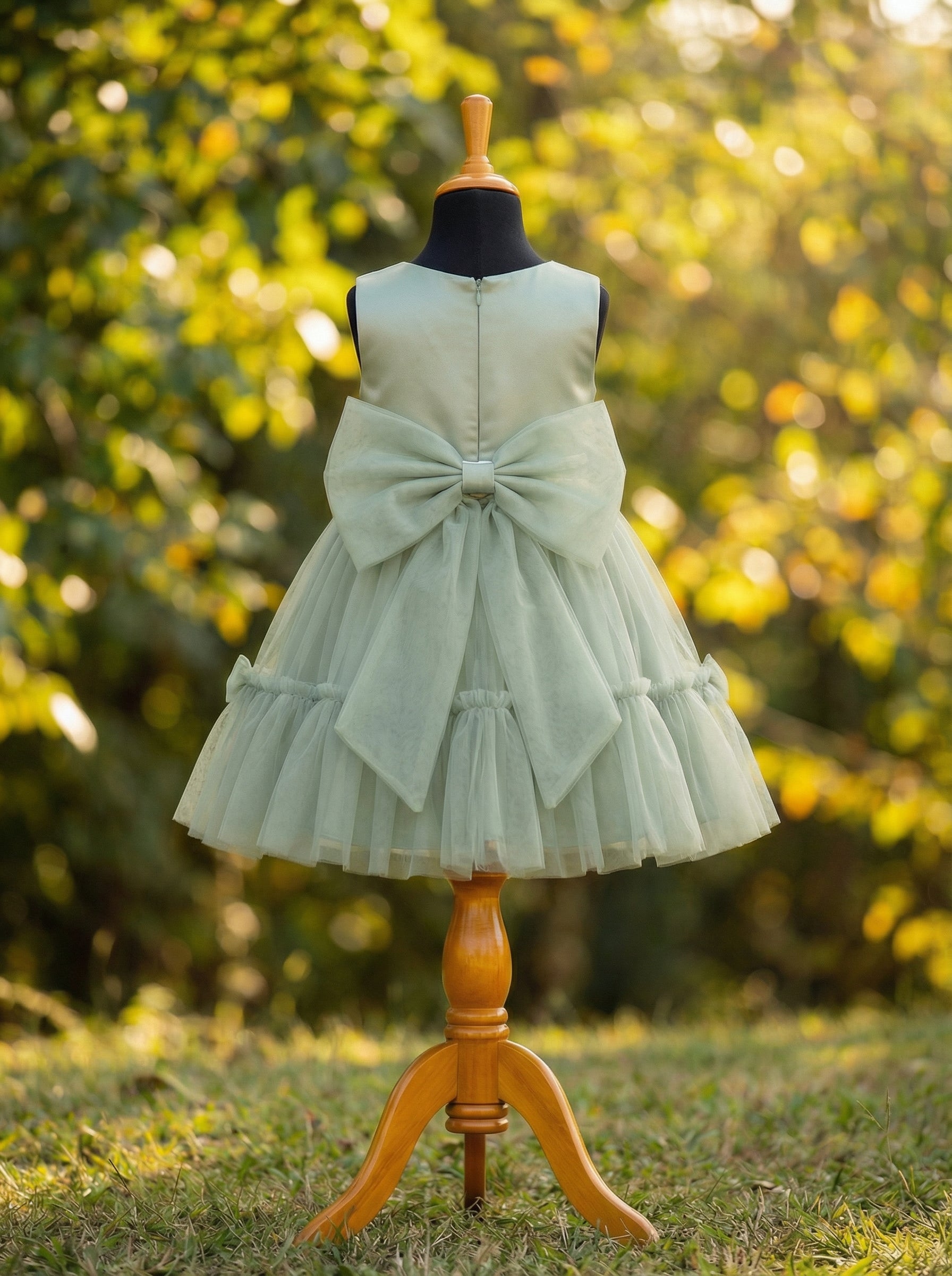 Sage Green Flower Girl Dress | Bridal Satin Bodice & Tulle Skirt | Knee Length Party Dress for Girls