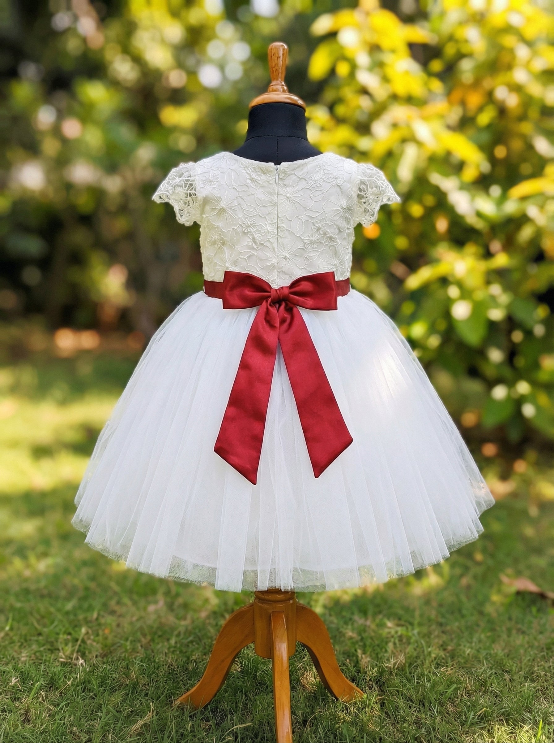 White Floral Lace & Tulle A-Line Flower Girl Dress with Red Satin Bow | Navjote Ceremony Dress | Special Occasion Dress for Girls