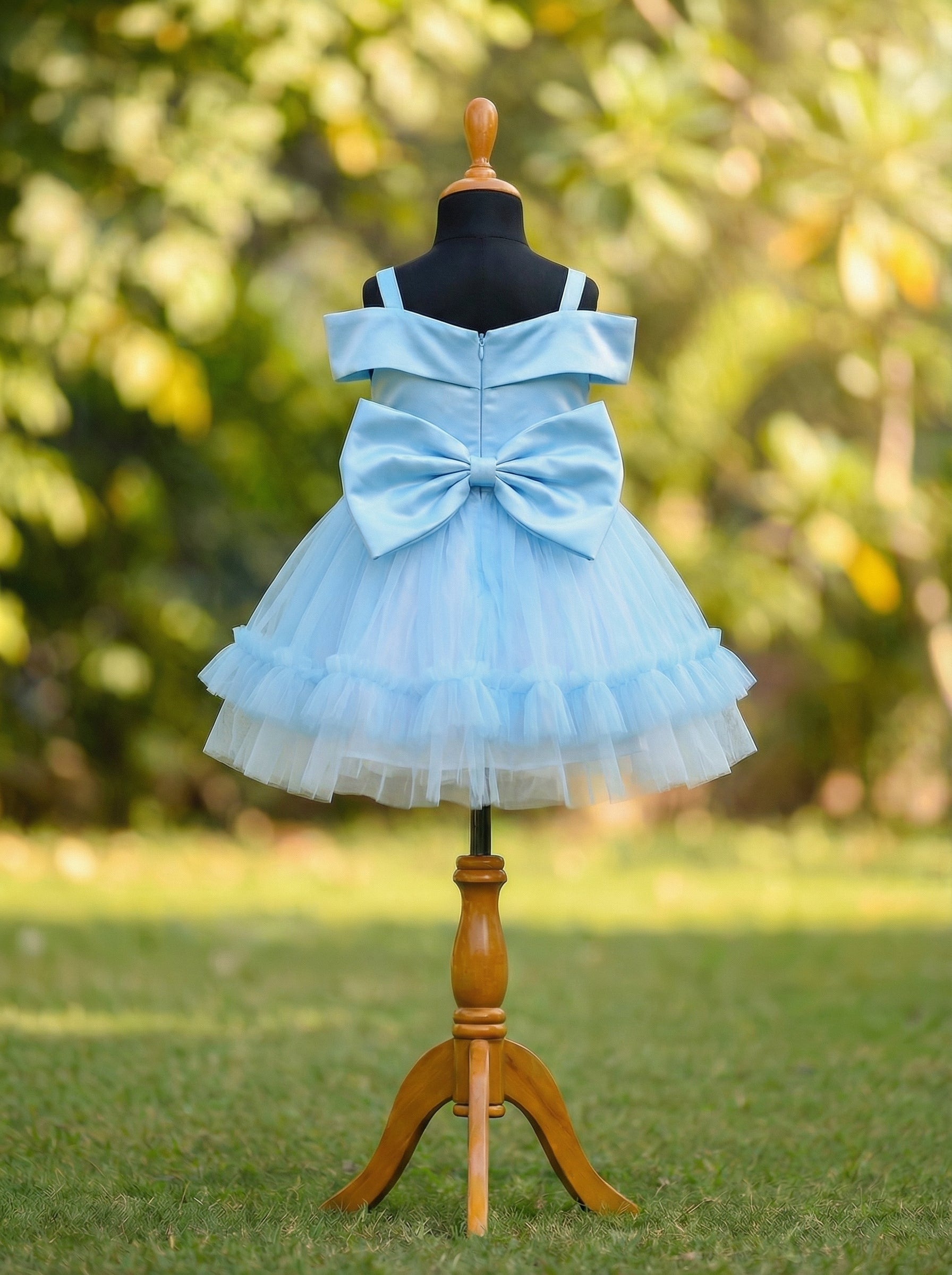 Powder Blue Satin & Tulle Flower Girl Dress with Off-Shoulder Neckline and Back Bow | Party Dress for Girls