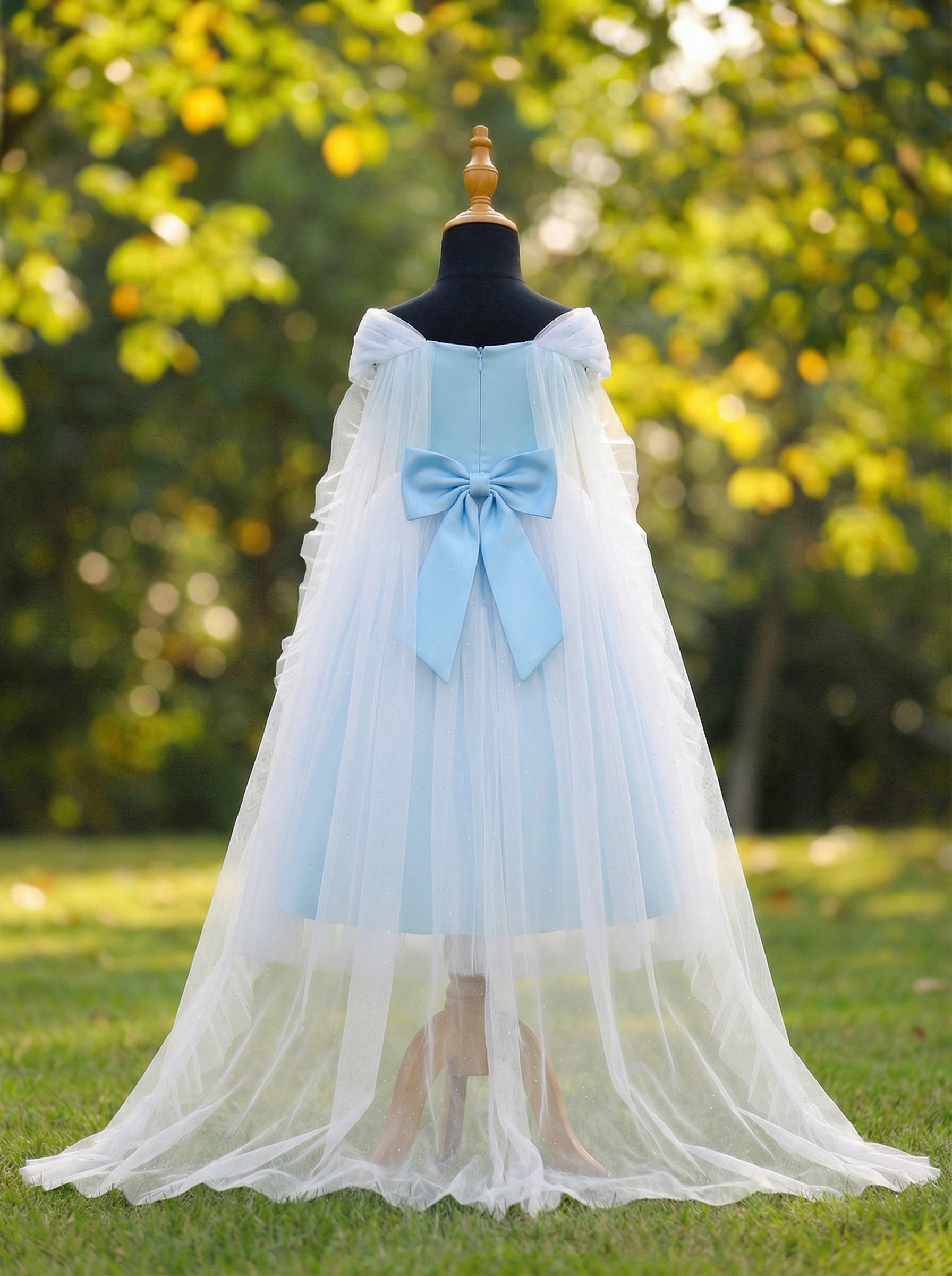 Elsa Inspired Ice Blue Satin & Tulle Gown with Detachable Cape | Princess Occasion Gown for Girls
