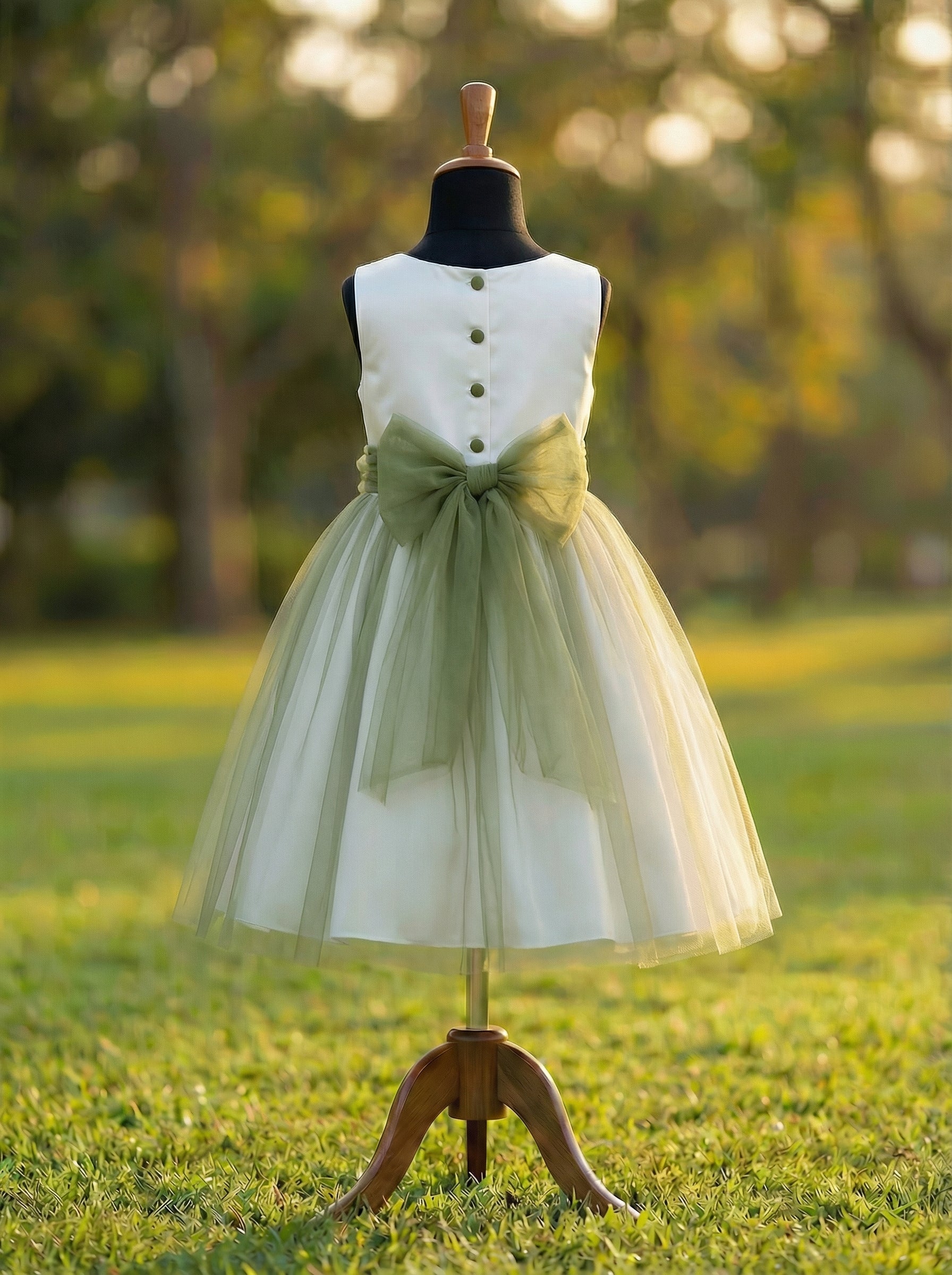 Ivory & Olive Green A-Line Flower Girl Dress | Olive Green Wedding Theme Dress | Elegant Special Occasion Dress for Girls