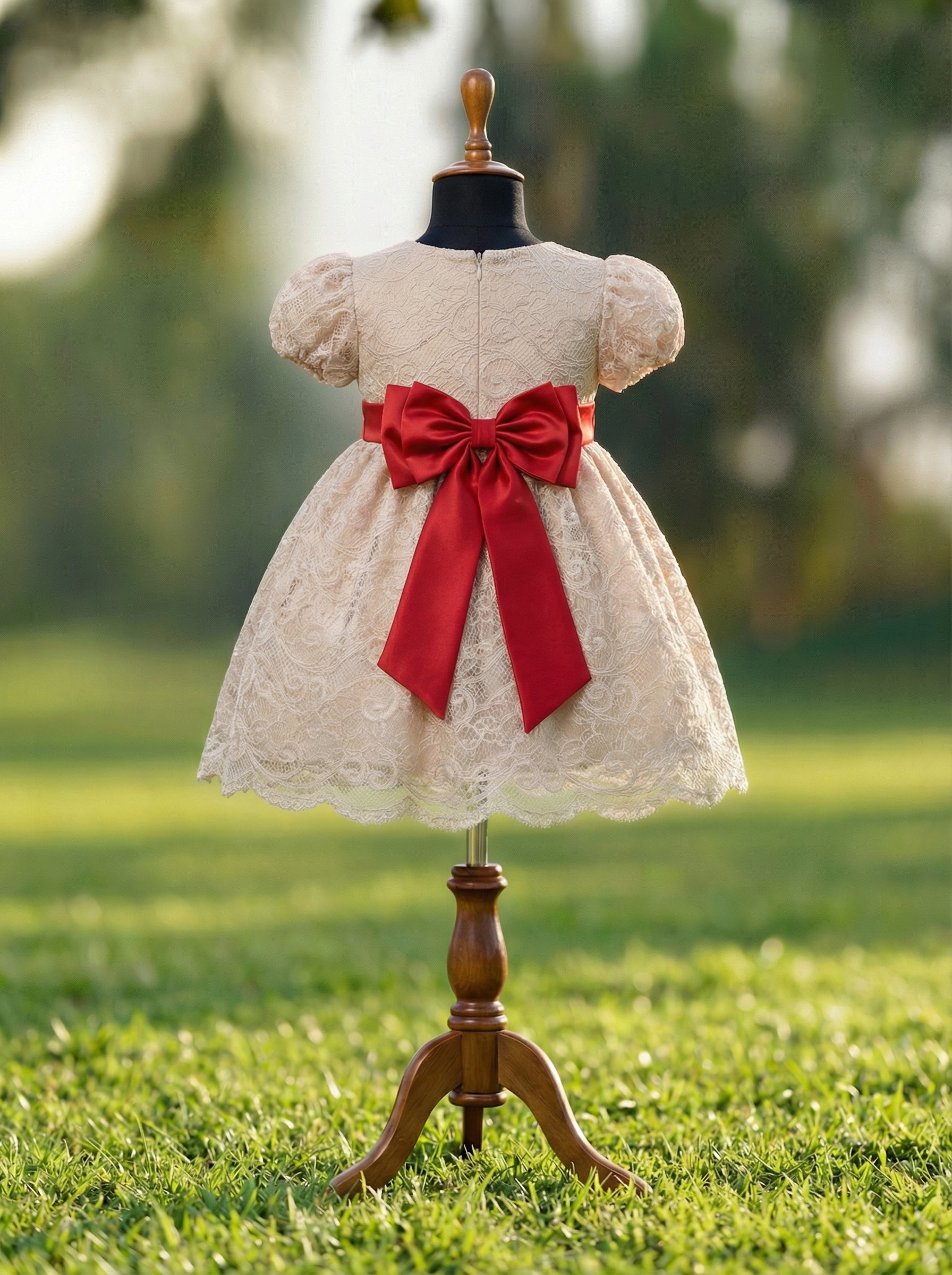 Dark Champagne Lace Flower Girl Dress with Red Satin Sash and Back Bow | Vintage Party Dress for Girls