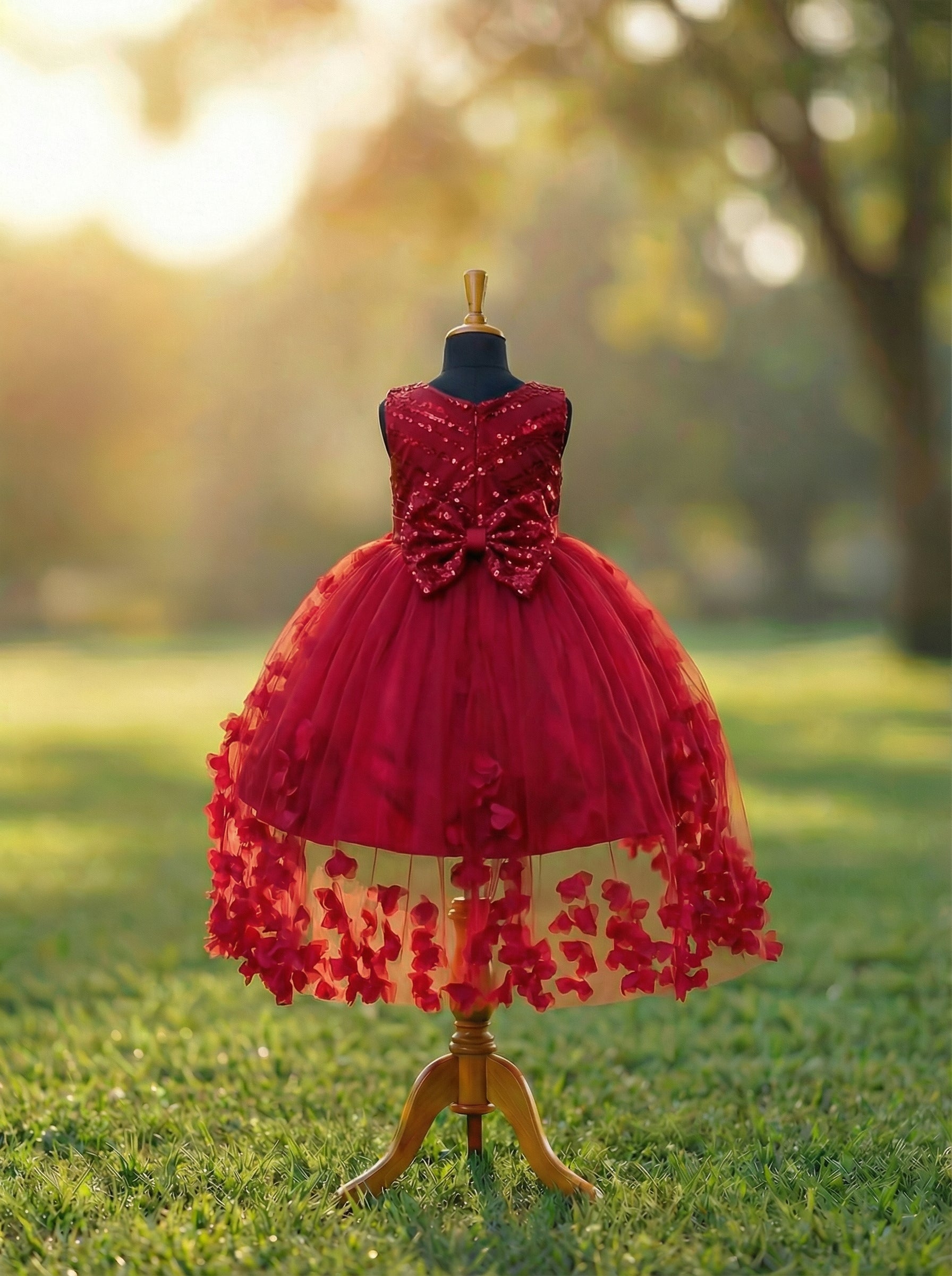 Premium Couture Red Floral Appliqué Party Dress for Girls | Handcrafted Statement Gown