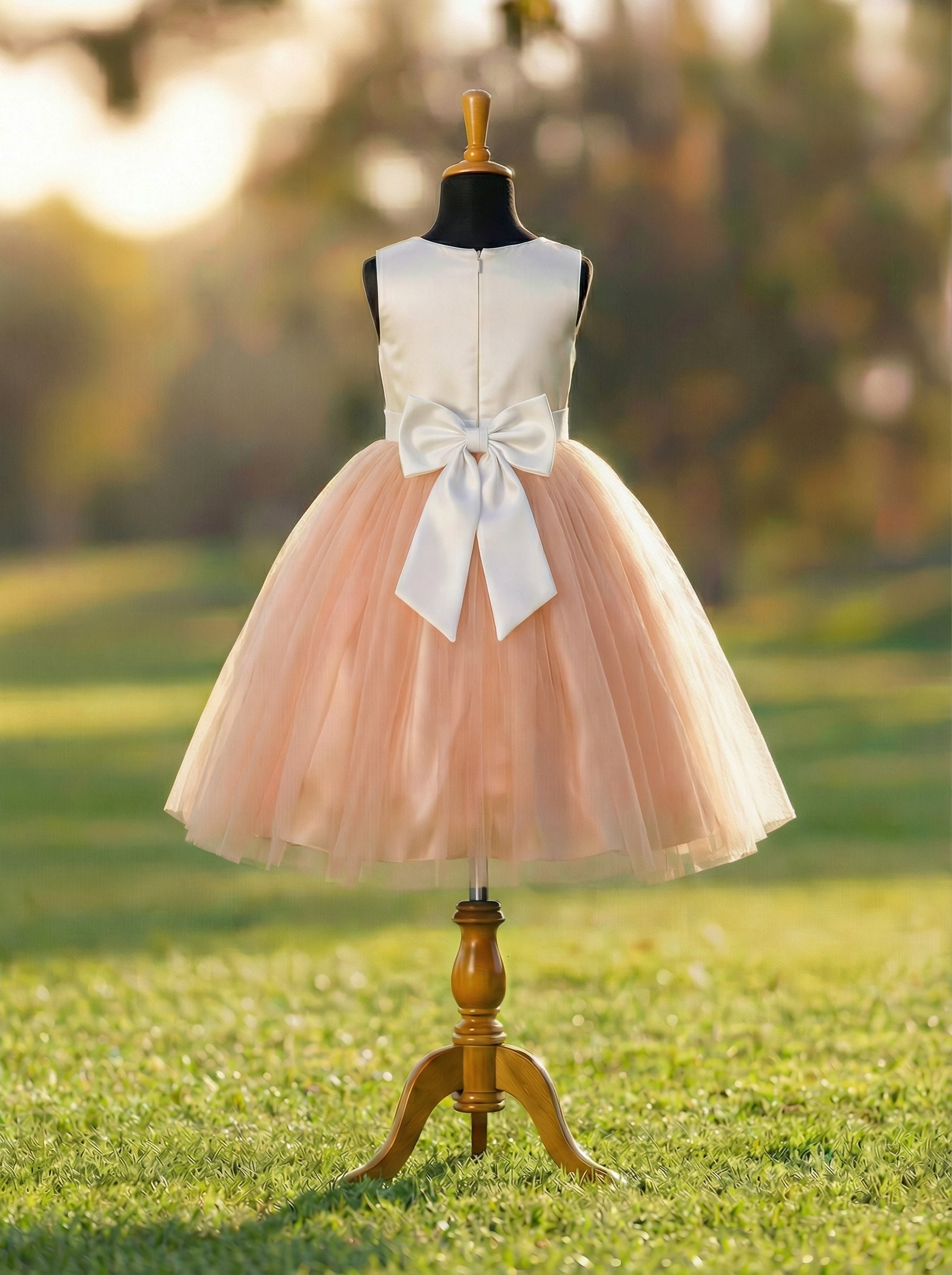 Off-White Satin & Peach Tulle Flower Girl Dress with Bow | Handmade Occasion Dress
