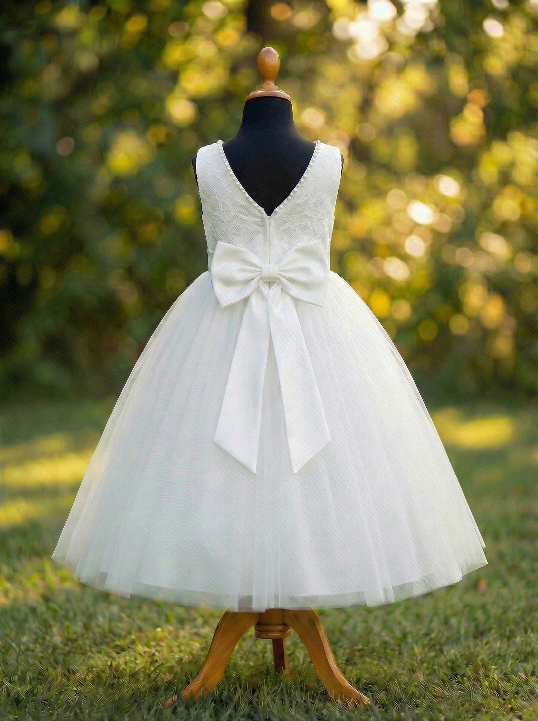 White Lace & Tulle Flower Girl Dress | Communion Dress | Navjote Ceremony Dress | Back Bow Party Dress for Girls