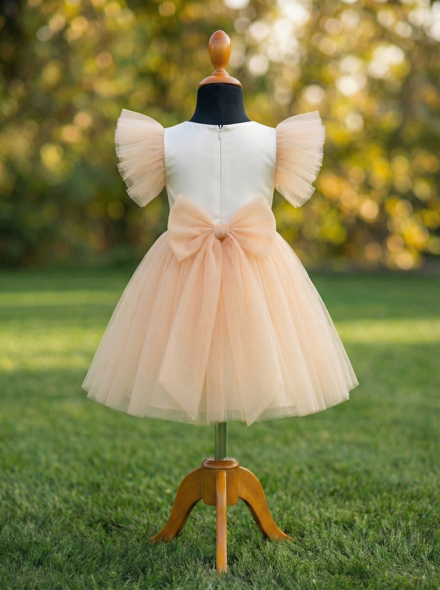 Champagne Flower Girl Dress for Weddings | Off-White Bridal Satin Bodice with Bow Back & Soft Tulle Skirt | Lauren Ann Couture