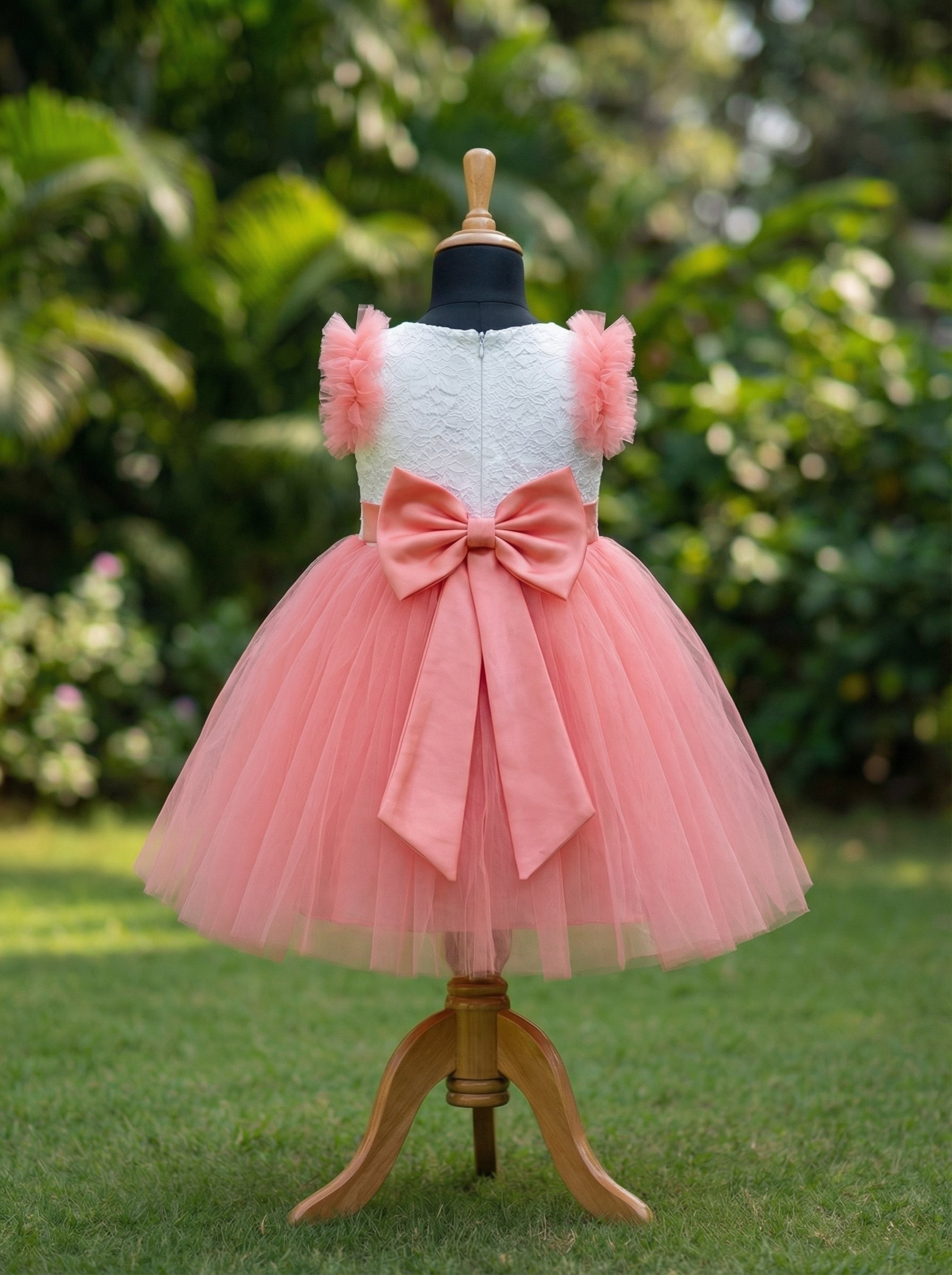 Blush Pink Tulle Party Dress for Girls | White Lace Bodice with Floral Waist & Bow Back | Lauren Ann Couture