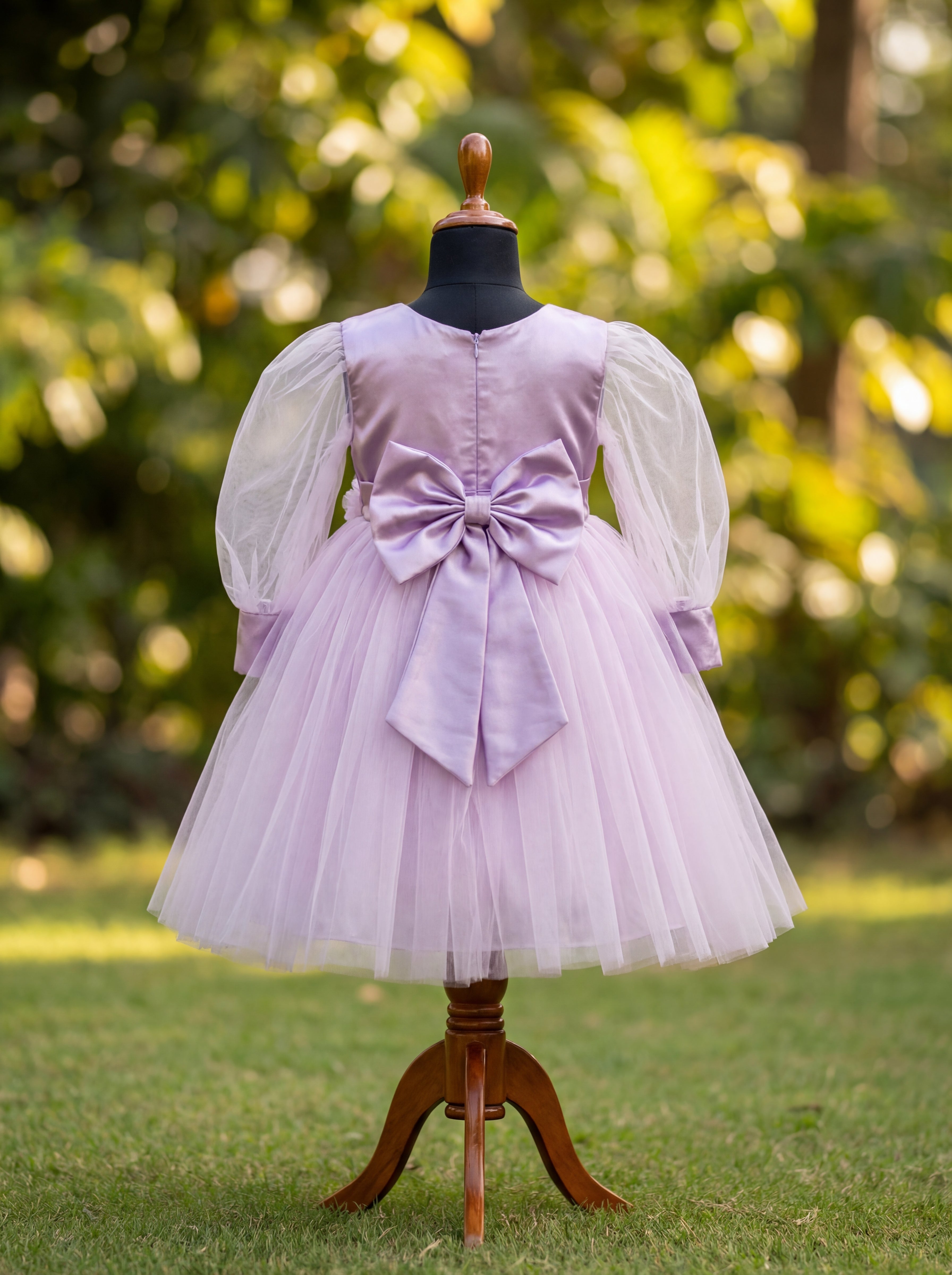 Lavender Satin & Tulle Flower Girl Dress with Puff Sleeves and Back Bow | Special Occasion Dress for Girls
