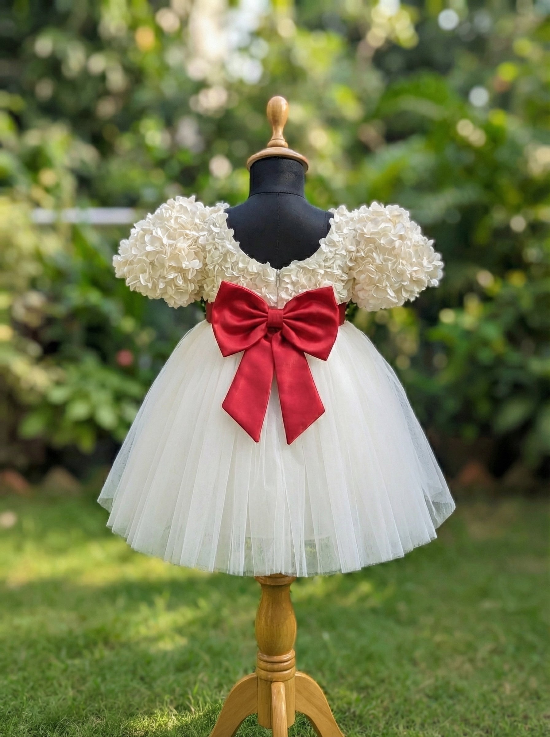 Off-White Floral Party Dress for Girls | 3D Flower Fabric Bodice with Red Bow | Birthday & Occasion Tulle Dress
