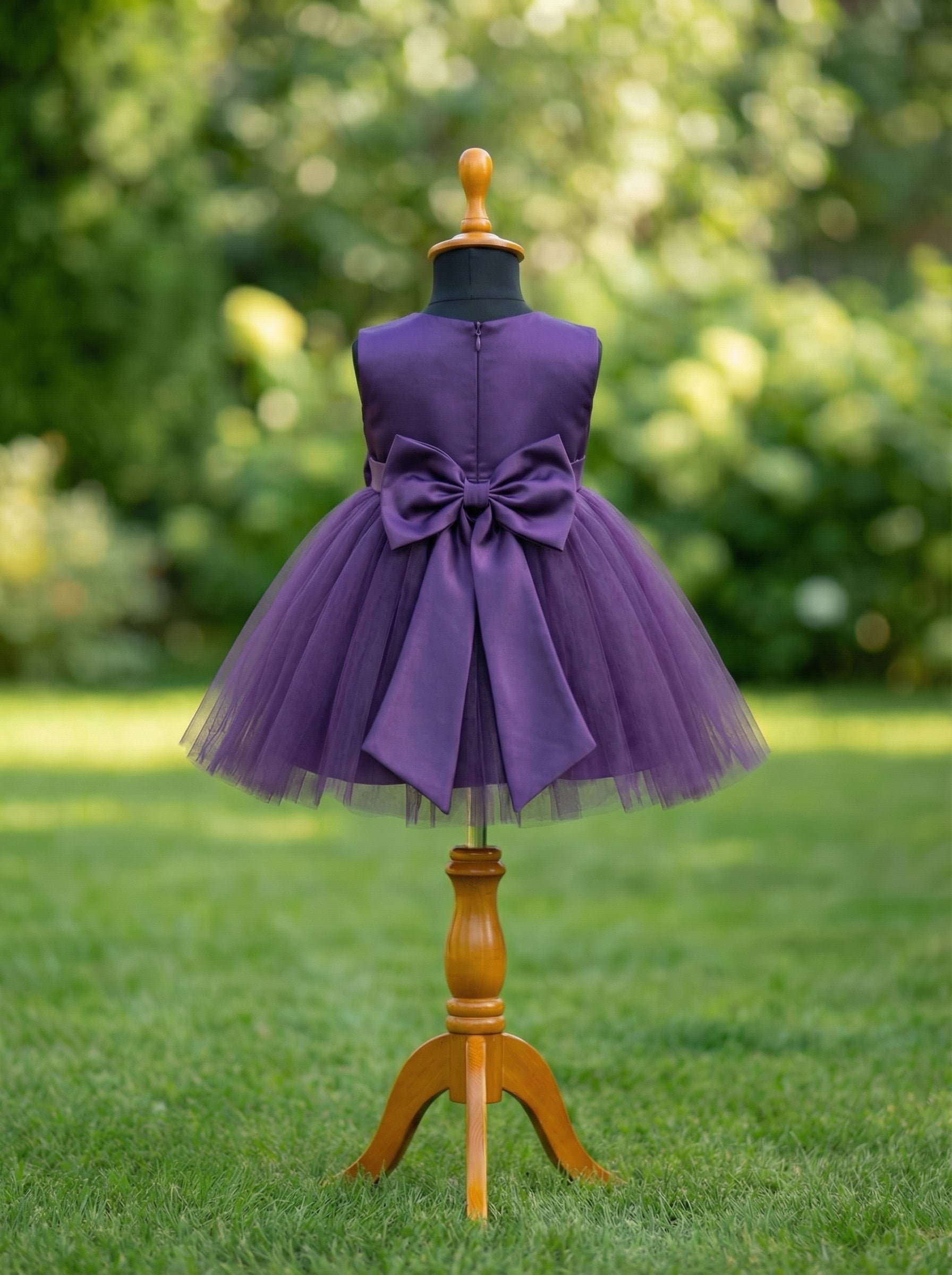 Purple Tulle Party Dress for Girls | Sleeveless Satin Bodice with Bow | Birthday & Special Occasion Dress