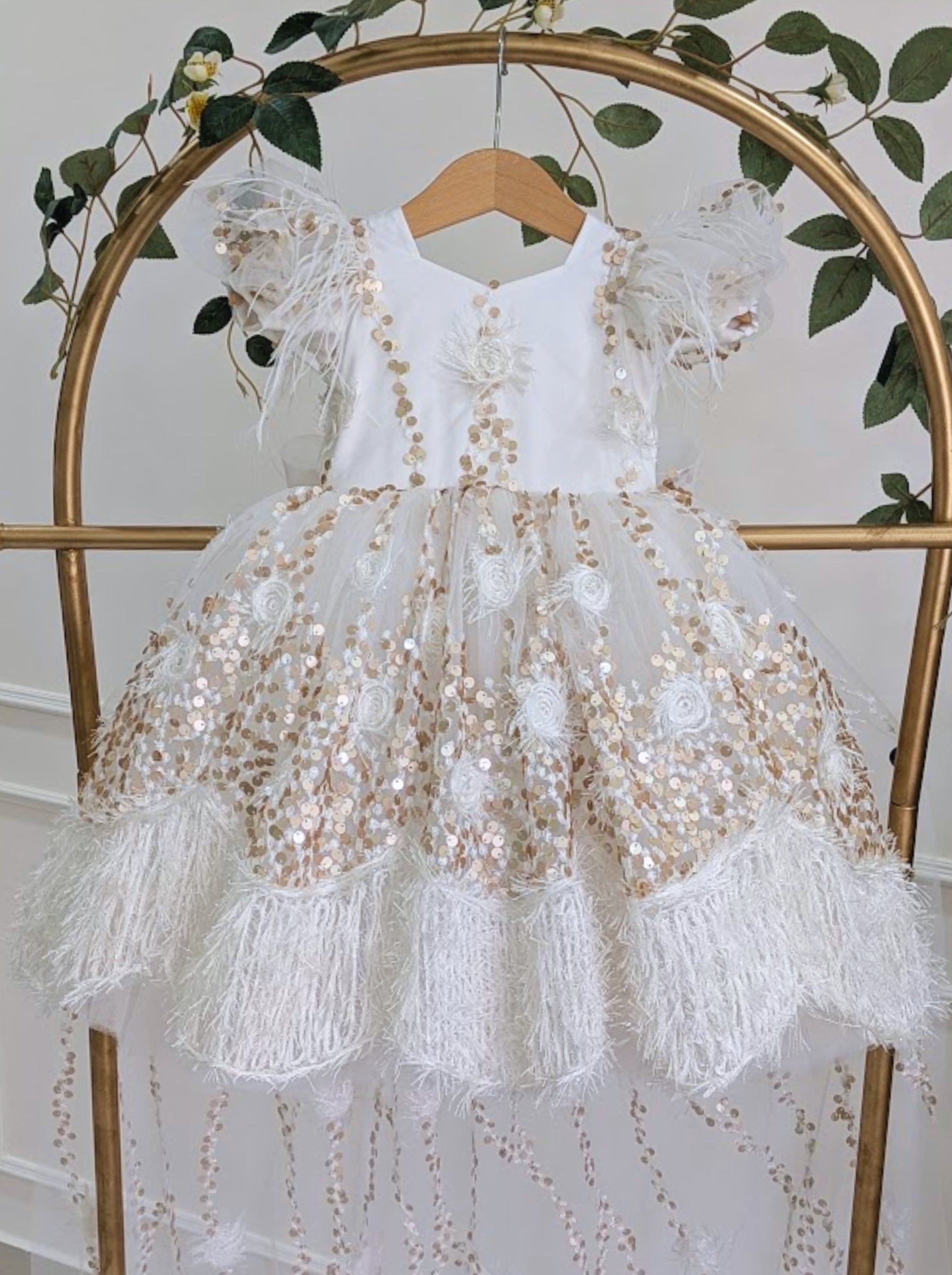 Ivory & Champagne Gold Couture Dress with Sequin Lace & Feather Detailing | Luxury Party & Wedding Dress for Girls