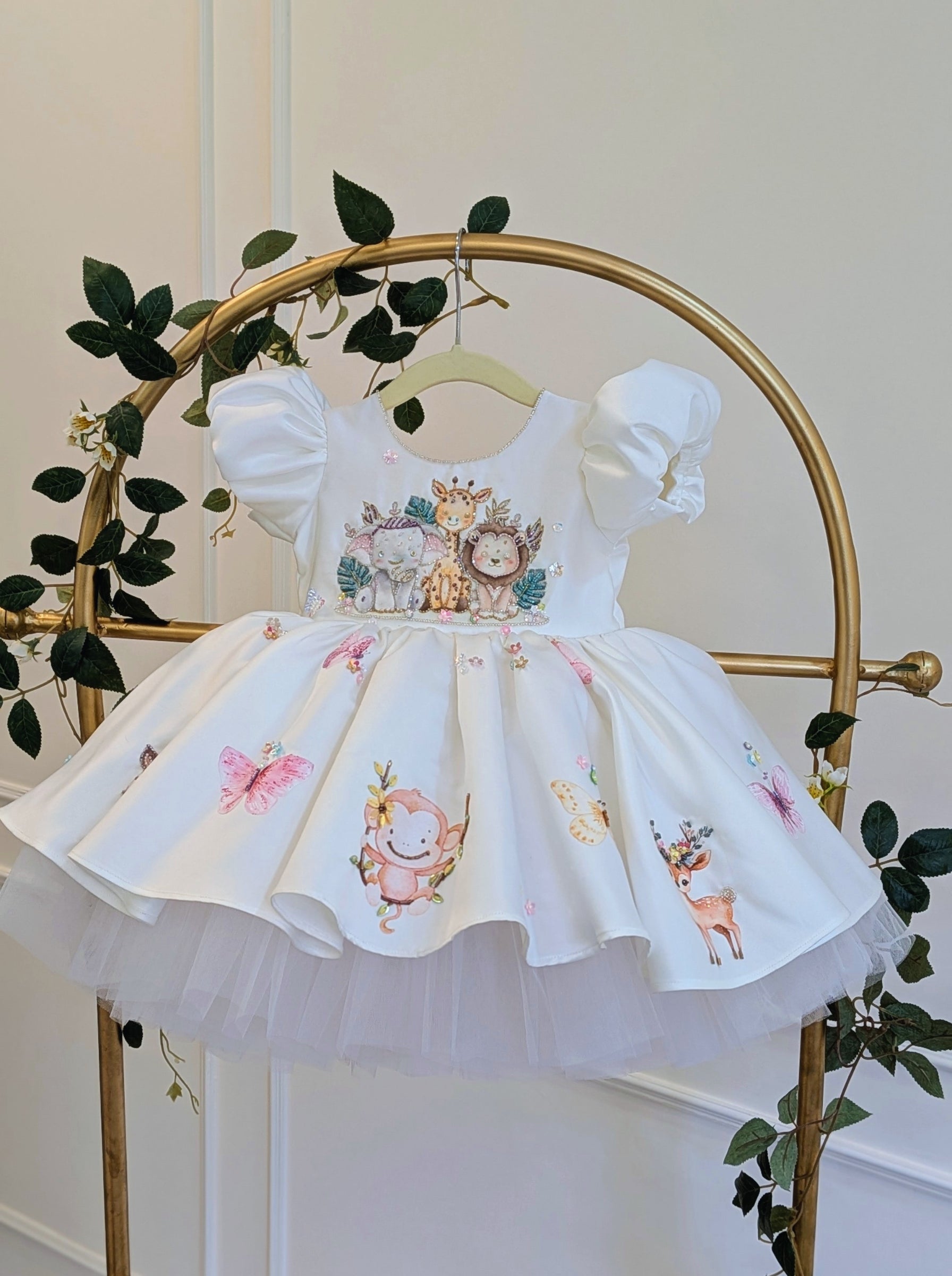 Customizable Duchess Satin Animal Theme Birthday Dress | Hand‑Embellished Zootopia Inspired Party Wear for Girls