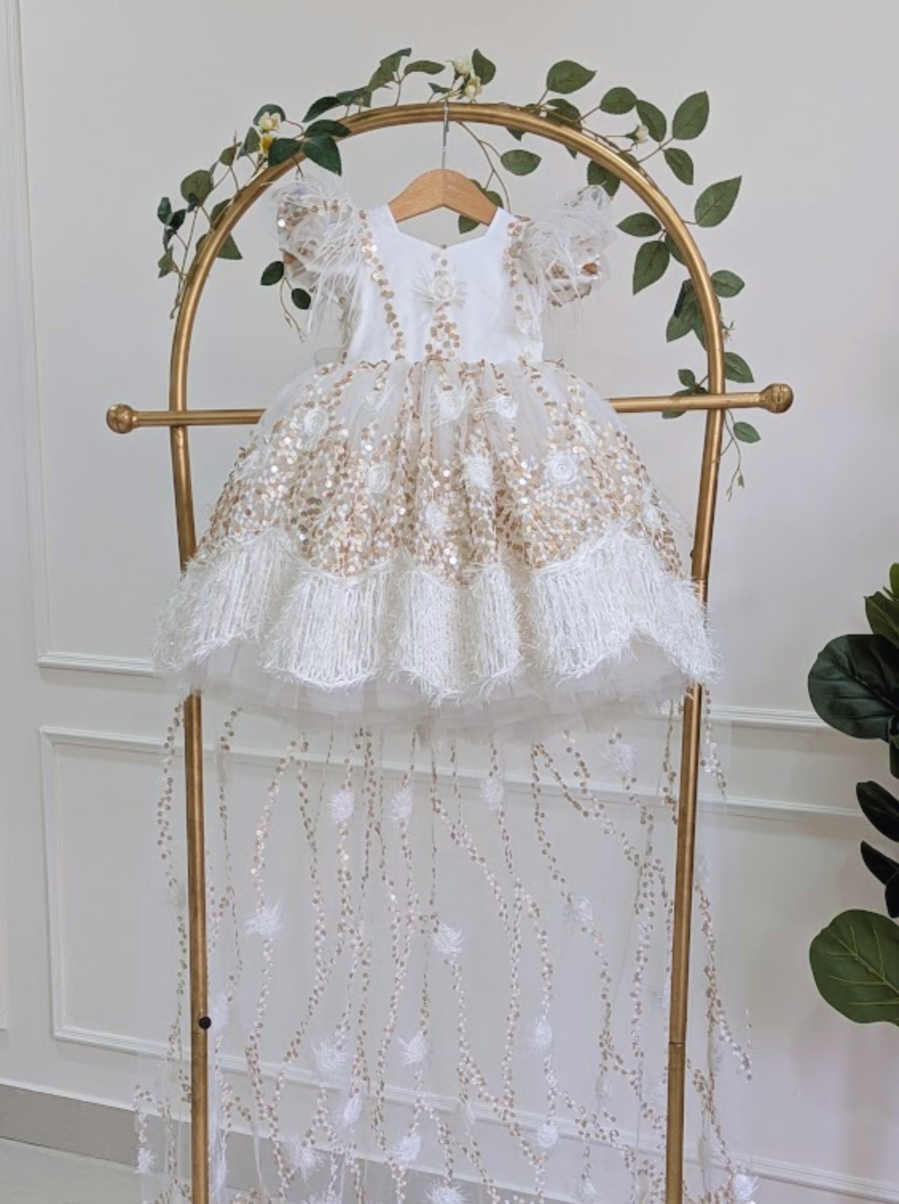 Ivory & Champagne Gold Couture Dress with Sequin Lace & Feather Detailing | Luxury Party & Wedding Dress for Girls