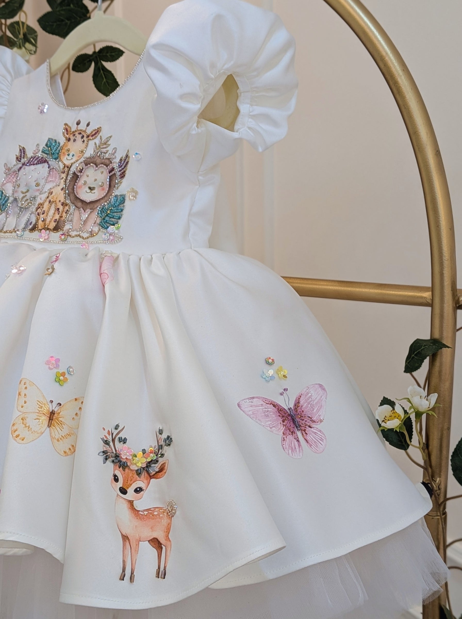 Customizable Duchess Satin Animal Theme Birthday Dress | Hand‑Embellished Zootopia Inspired Party Wear for Girls