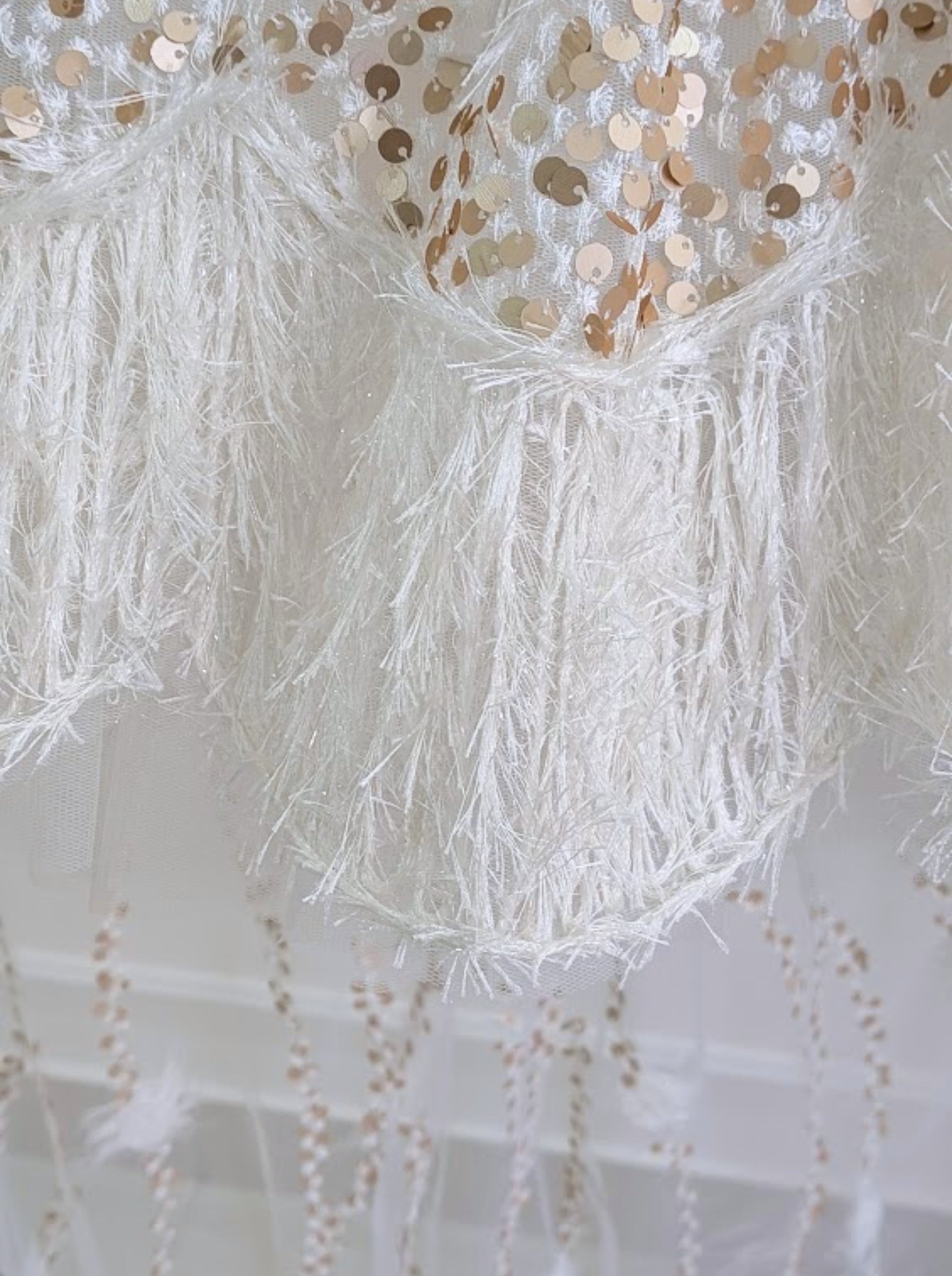 Ivory & Champagne Gold Couture Dress with Sequin Lace & Feather Detailing | Luxury Party & Wedding Dress for Girls