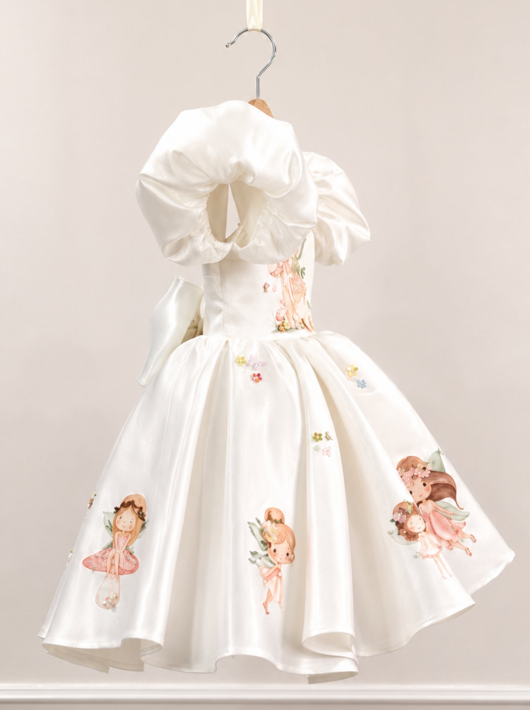 Duchess Satin fairy dress for girls with delicate fairy details