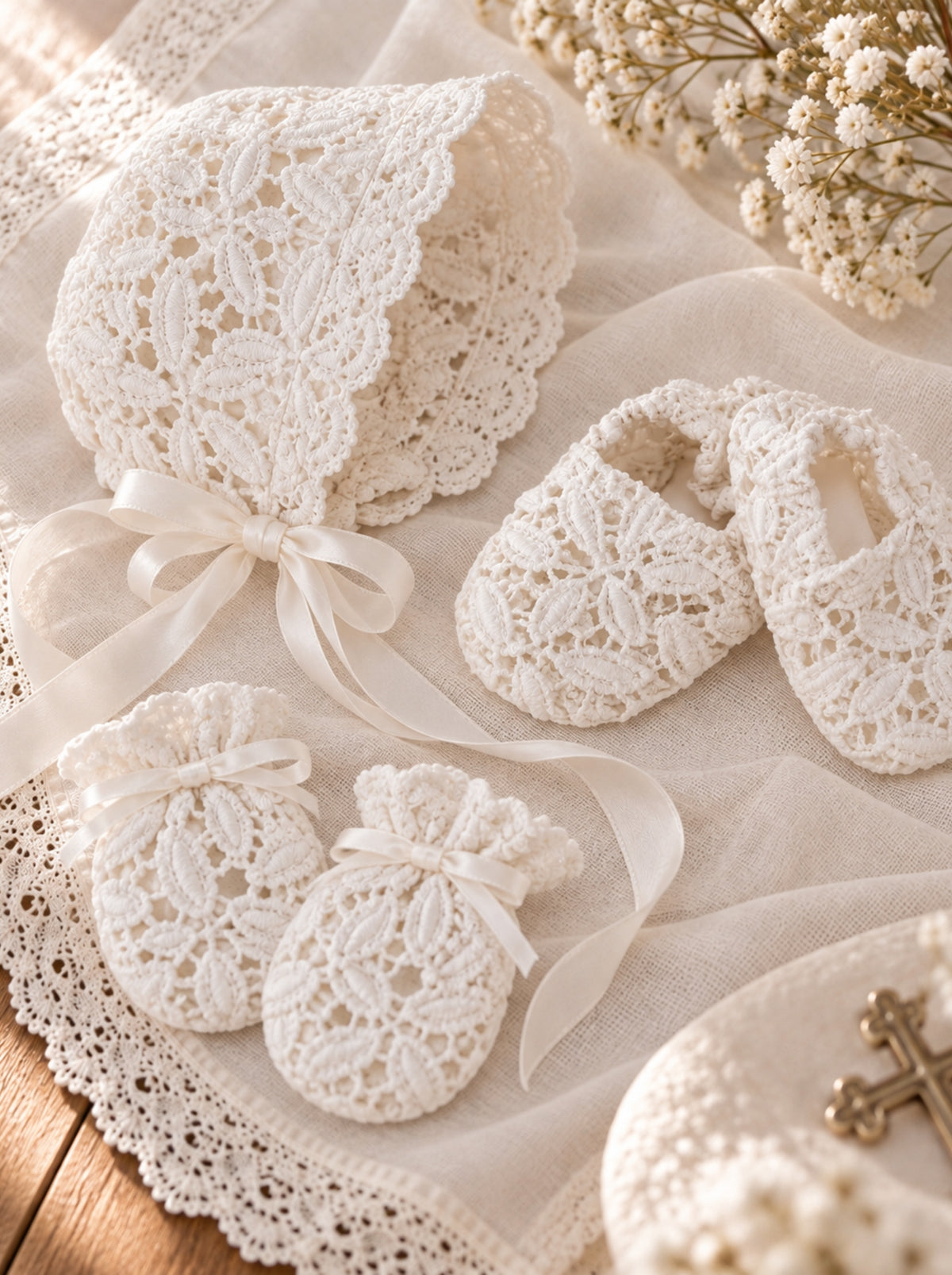 Ella Baptism set with white lace bonnet booties and mittens for baby girl