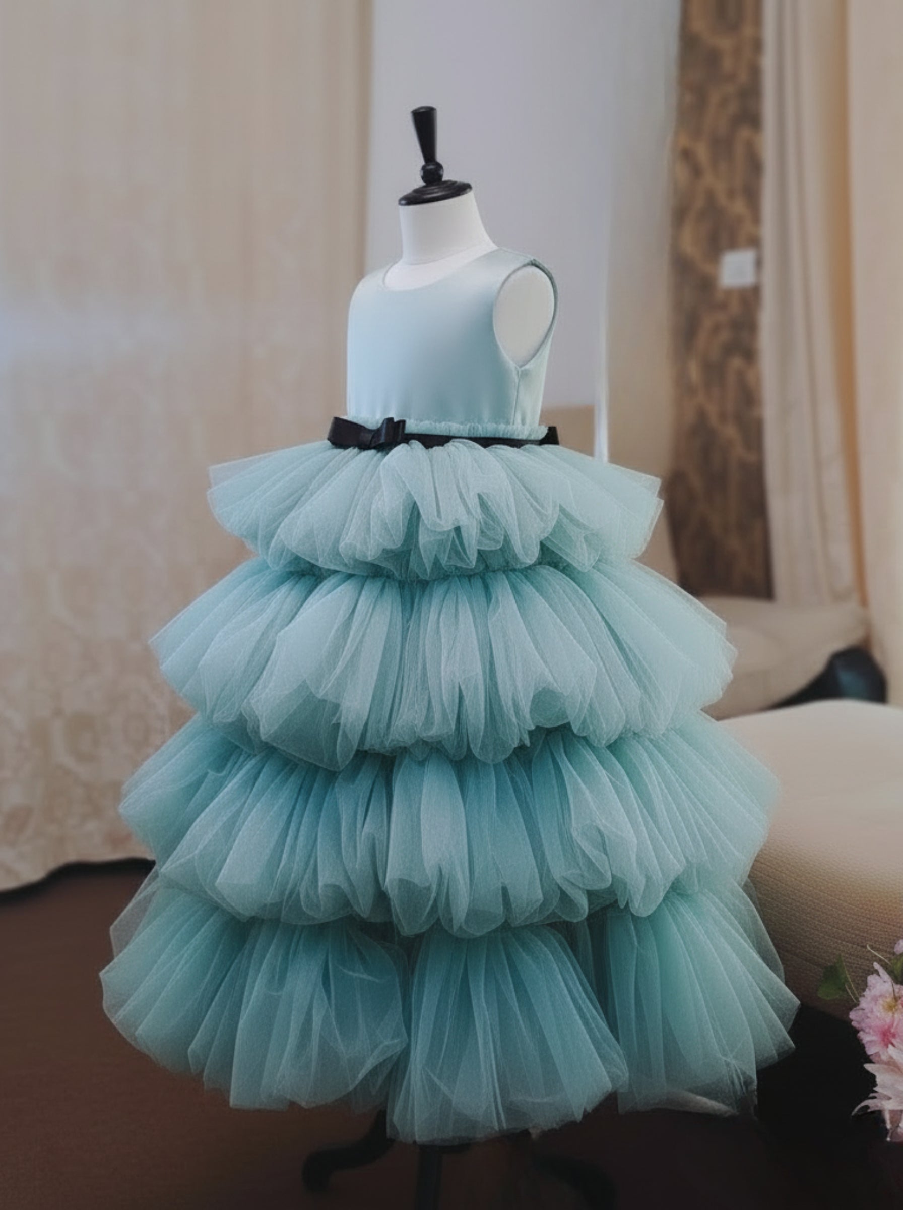 front view of eucalyptus green tiered tulle dress for girls